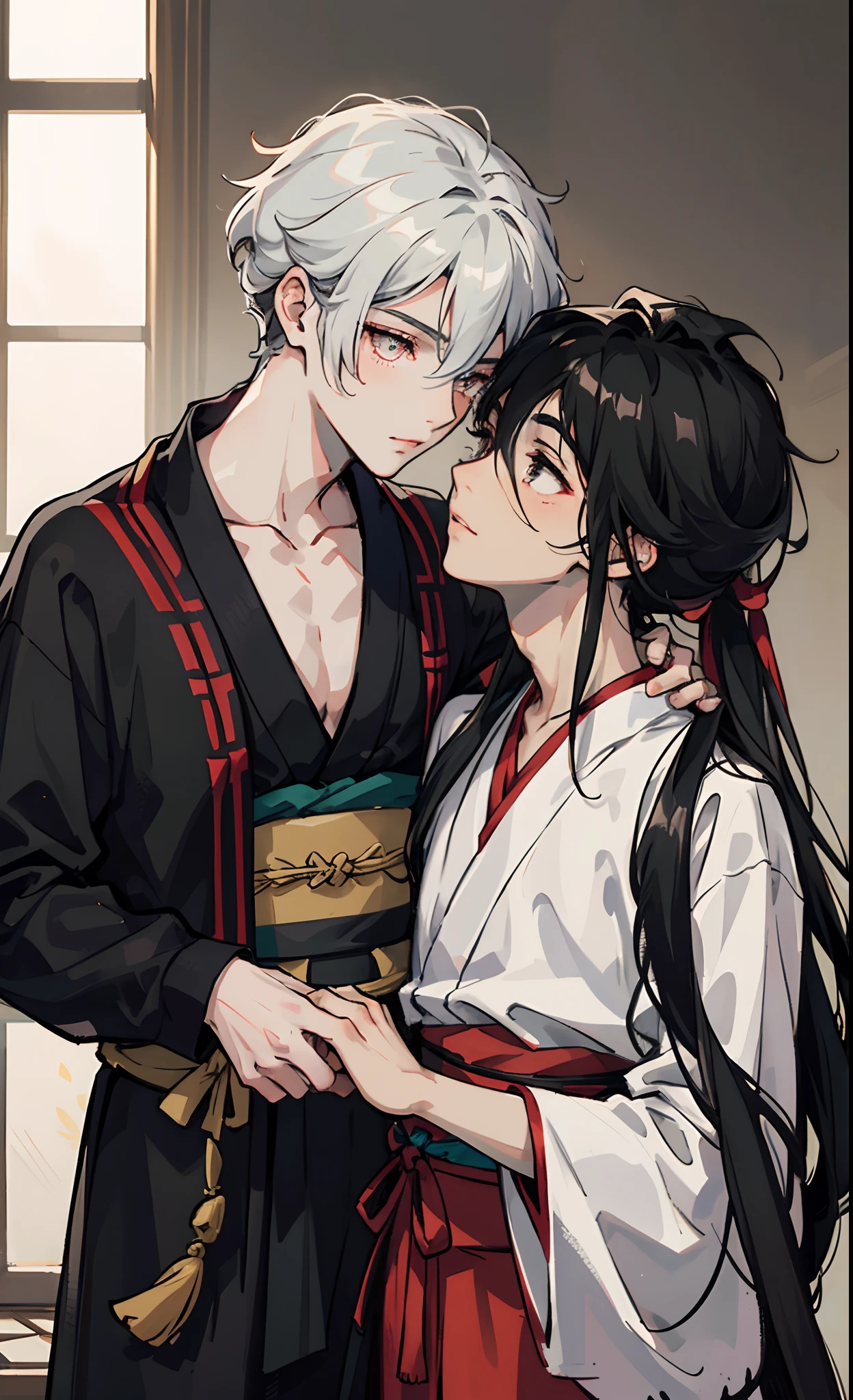 Two boys,cabelos preto e longos,wearing a hanfu,Ambiguous eyes,Prepare for kissing,Hold on to your clothes