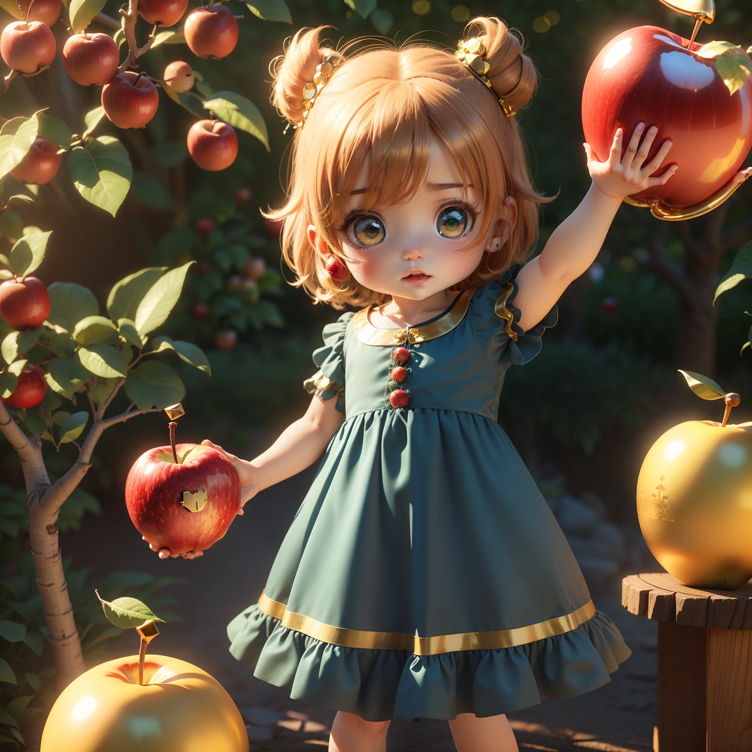 Cute  Chibi Anime,(((chibi3d))) (best quality) (masterprice)、(holding a red and golden apple in both hands:1.3)、Blue-green eyes、Blue dress featuring decoration、Staring from below、Royal Botanic Gardens