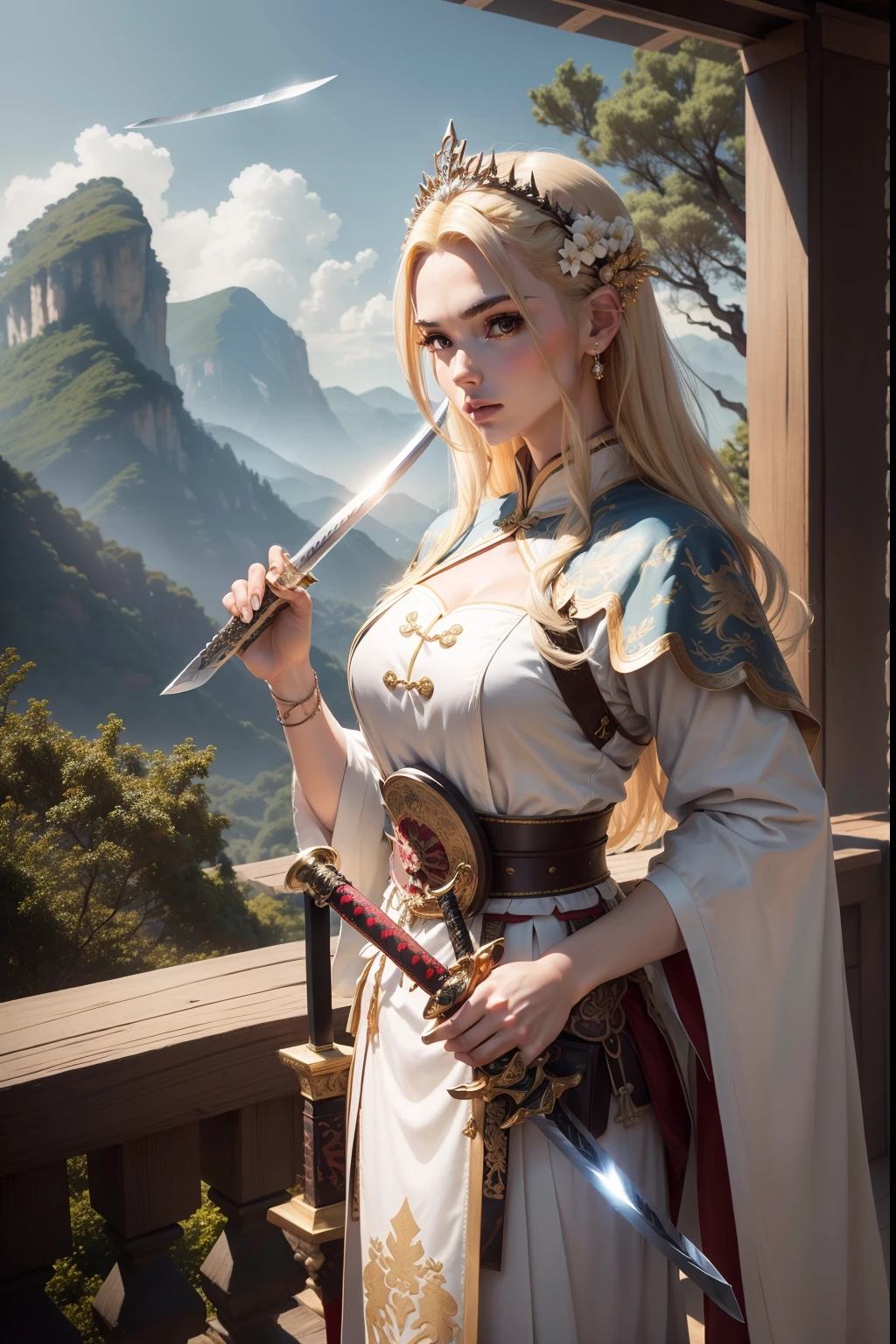 UHD,master part,Premiado,best quality,Altas,8k,Detalhes altos,(um homem:1.6),rosto perfeito,cabelos pretos longos,Ancient Chinese hair accessories,blonde hair accessories,(Encare a lente:1.4),(Handheld Sword:1.5),hand sheath,vestes chinesas antigas,artes marciais,Estrela fora da lei,Bougu,pular para cima,There's a dragon behind it,chinesedragon,Padroeira,the background is mountains and trees,montanha,pavilion,pine tree,shine sky,nuvem branca,an overcast sky,Loong,,arquitetura oriental antiga,arquitetura chinesa antiga,
