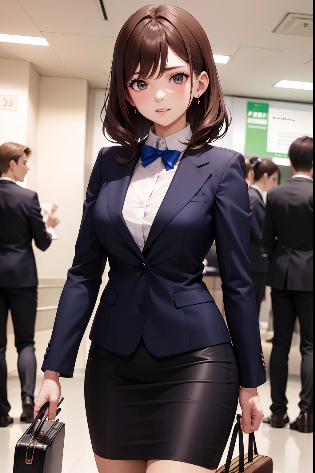 {{Mature female, caucasiana}}, Olhando para o Viewer, hazelnut eyes, extremamente detalhado, medium breasts, brown hair, aeroporto, Flight attendant, uniforme, blazer azul, gravata azul, saia azul, medium skirt, pencil skirt, salto alto azul, Feliz, best quality, alta qualidade, screencap de anime extremamente detalhado, {{{{apinhado, several young girls, thousands of sisters, millions of sisters,billion sisters, clone, doppelganger, Roupa combinando, penteado combinando}}}}, corpo inteiro