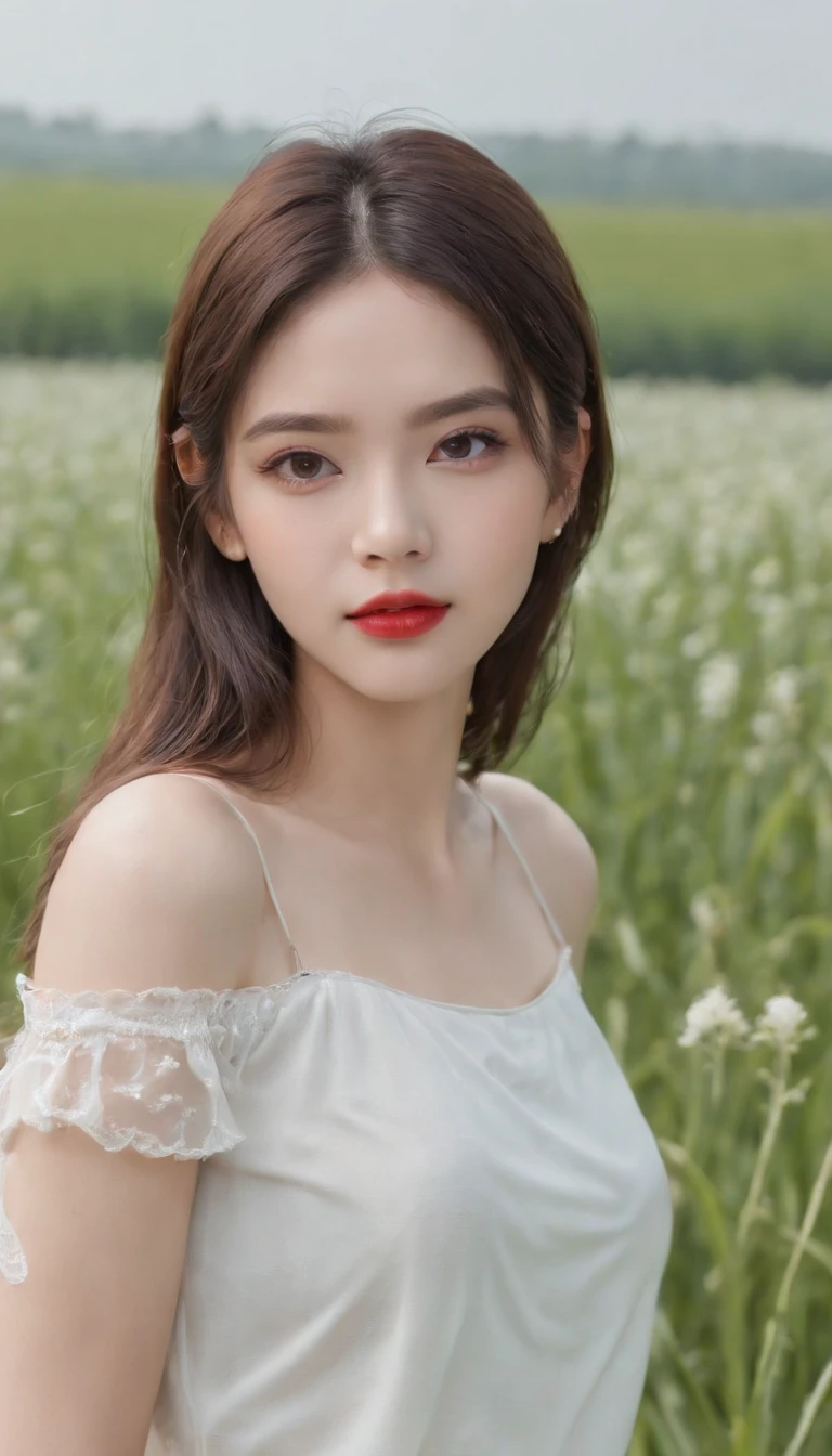 ((Best Quality, 8k, Masterpiece:1.3)), a beautiful girl, pure, melon face, gentle and cute, thin figure, frontal, tilted head, ((dewy shoulder short T-shirt, sports shorts)), black silky hair, long hair shawl, round black big eyes, clear big eyes, ((moist red lips)), (lipstick), (blush), ((rosy skin)), sweet, blue sky and white clouds, grassland, grassland background,