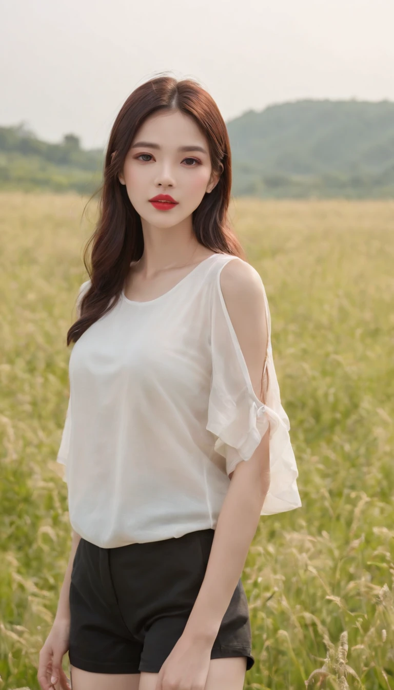 ((Best Quality, 8k, Masterpiece:1.3)), a beautiful girl, pure, melon face, gentle and cute, thin figure, frontal, tilted head, ((dewy shoulder short T-shirt, sports shorts)), black silky hair, long hair shawl, round black big eyes, clear big eyes, ((moist red lips)), (lipstick), (blush), ((rosy skin)), sweet, blue sky and white clouds, grassland, grassland background,