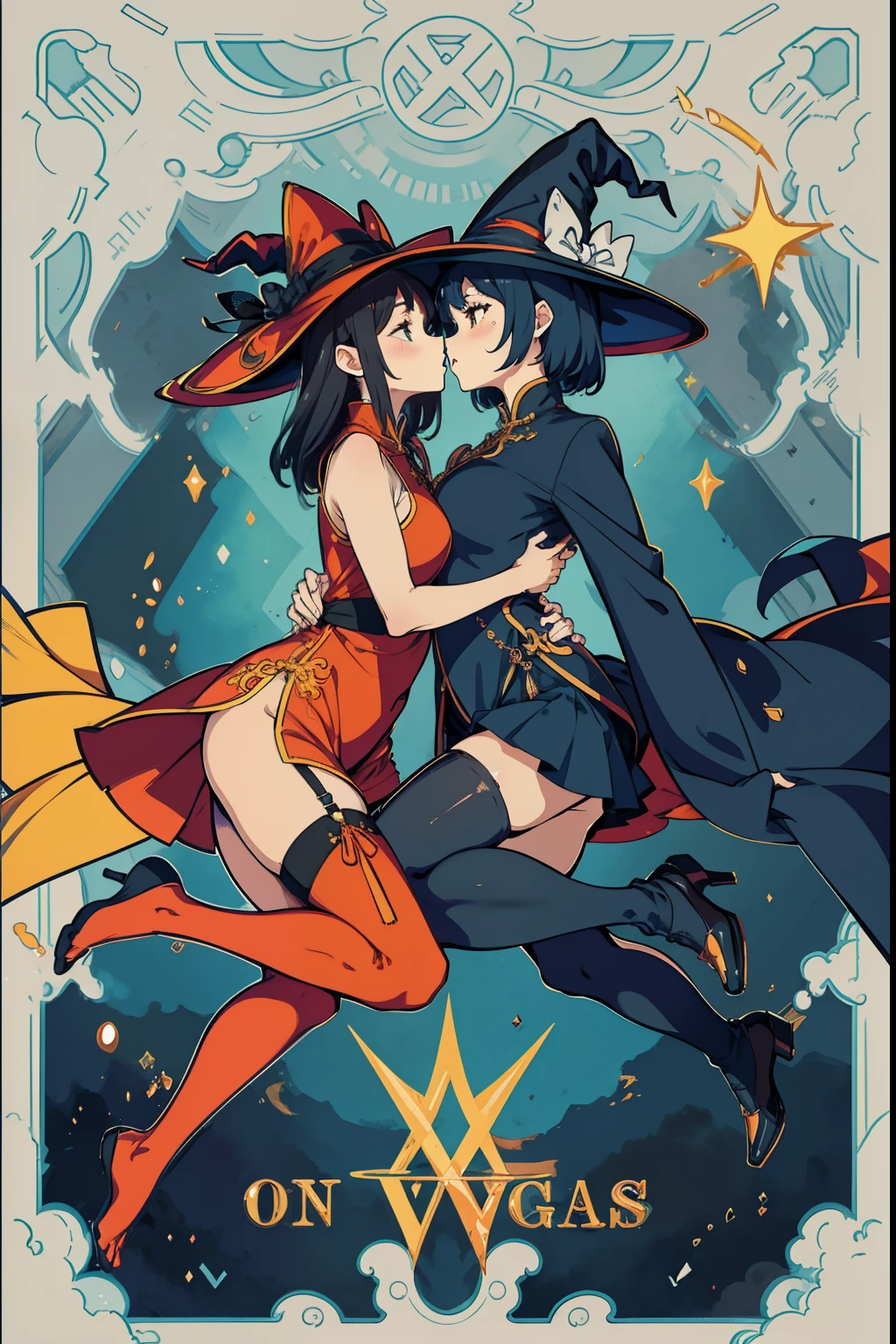 matching hairstyle,Match poses,sexyposture,High split end,high-waist,Bright colors,Magic background,water background,Traditional Chinese ancient background,Chinese dragon flat pattern,Chinese moire,the sky background,2girls,2 Witches,Witch hat,Stocking tights,Jumpsuits,Intimate dress,Wrap tightly,Pantyhose wrapped around the hips,Sexy,Wrap your entire body in clothes,Silk dress,mistic,Lady,Smiling,inquisitive,extremely beautiful legs,Sexy girl pose,lesbian,French kiss,Wet kiss,face to face,hugs,cuddle,Close contacts,Snugly fit together,Side Body,Kiss,tongue kissing,Lovers,stroking each other,desire big breasts,squelch,Body overlap,squishing,Squeeze the chest,Squeeze each other's chests,Love,Love each other,garter,leg loops,Pantyhose wrapped around the hips,body curve,stooped,mistic,Stocking tights,Jumpsuits,((((dramatics))),Witch hat,schoolgirl,Wear fashion-forward attire。The background is dark and tough,There is a sense of danger and intensity, The color palette is predominantly dark,With bright colors,Dynamic and visually striking look,Best quality at best,tmasterpiece,rich colourful,dyna,Background with,element in,self-assured,Accessories,coil,Runt,Touching pubic area,Scenes,Bold,attention-grabbing,Fashionab,attention-grabbing, modern day, Fashionab, focal, Fashionab,woman,with dynamism,garments,posing on a,best pixiv art