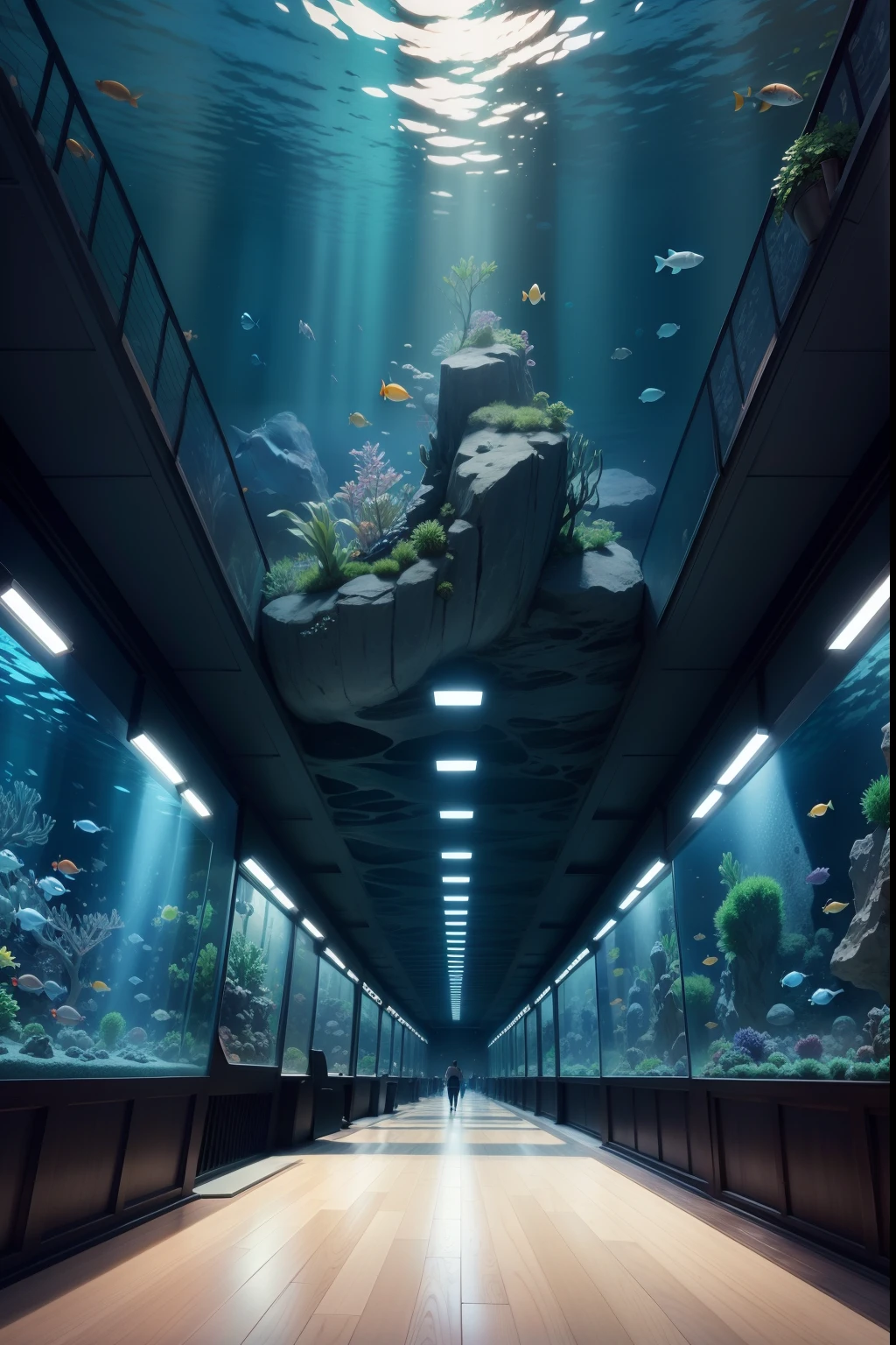 Giant aquarium、An aquarium continues along the aisle