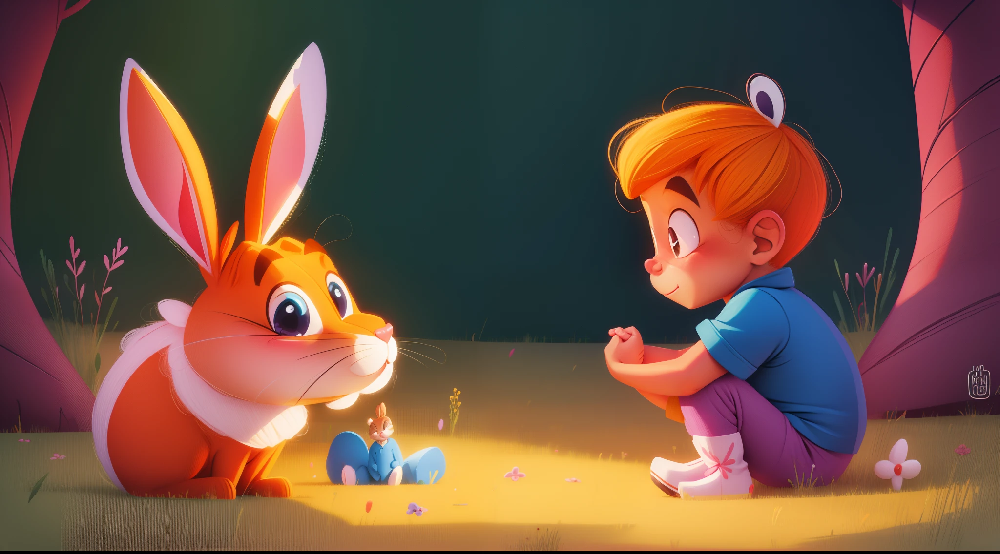 cartoon image, bright colors, 4  Tommy talks to a worried rabbit named Robbie.