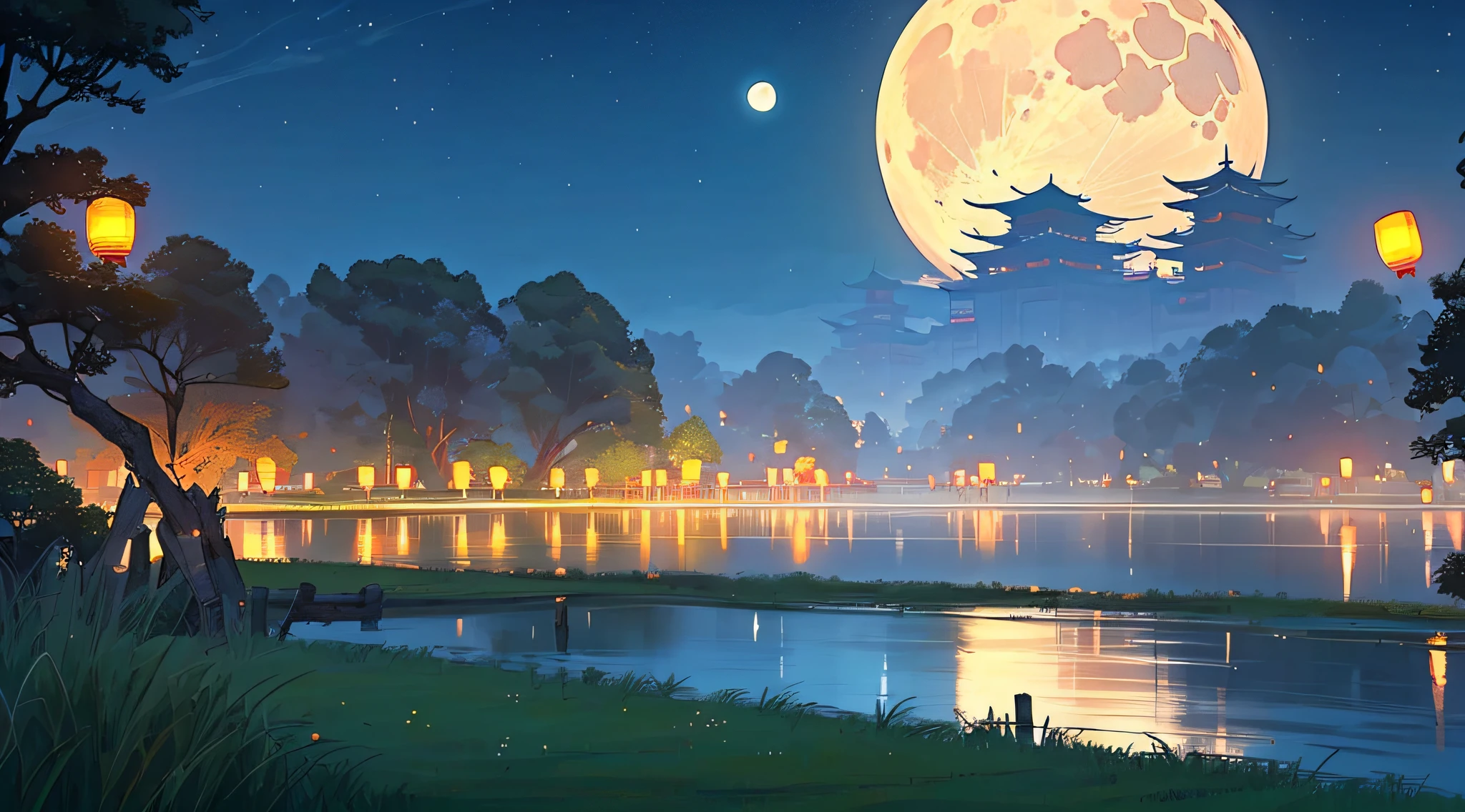 A lake,Meadows next to it,People admire the moon on the grass,In the distance are high-rise buildings。There is a full moon hanging in the sky,There are also Kong Ming lanterns