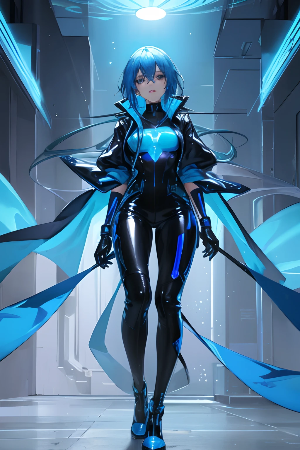 Glowing blue butterfly,Blue skinny latex jacket,agent,1girll,blue colors,Long BLUE hair, Masterpiece, Best quality,A high resolution,Detail enhancement,best qualtiy,Perfect image quality,Cool and elegant,Beautiful and gentle,cyber punk perssonage