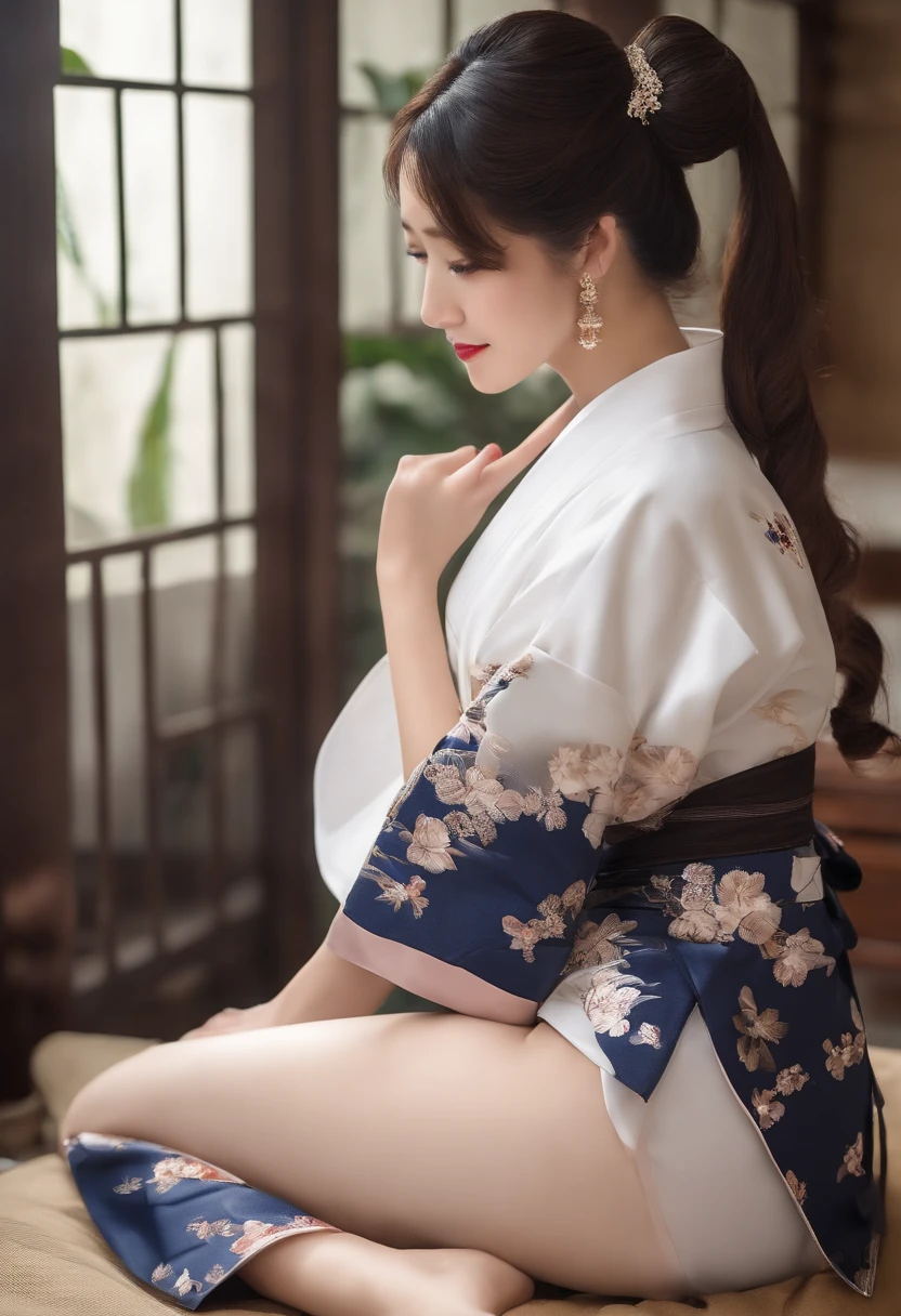 Wife,One ponytail on the side,black-brown hair,There is a mole under the left eye,独奏,Big breasts,Wear sexy yukata kimono,inside the room,masturbation,The shape of the female genitalia is clearly visible.,There are deep lip prints on panties,Put your hands on your panties.,wet panties,Body wet,perspiration,Orgasm,The desire to displease,white stockings,There's a seminal flowing between the thighs.,The mouth is full of sperm,bowed,back view