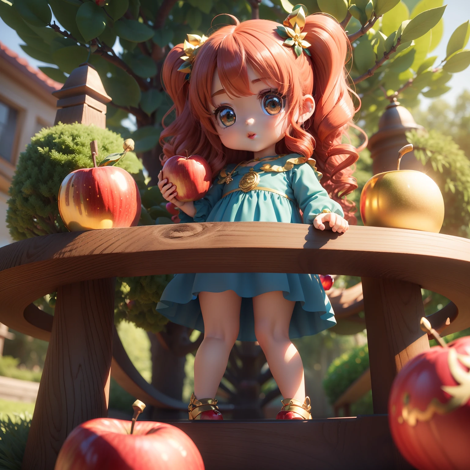 Cute Baby Chibi Anime,(((chibi 3d))) (Best Quality) (Master Price)、(holding red and golden apples in both hands:1.3)、Blue-green eyes、Gorgeous floral ornament on long curly hair、Decorated blue dress、Staring from below、Royal Botanic Gardens