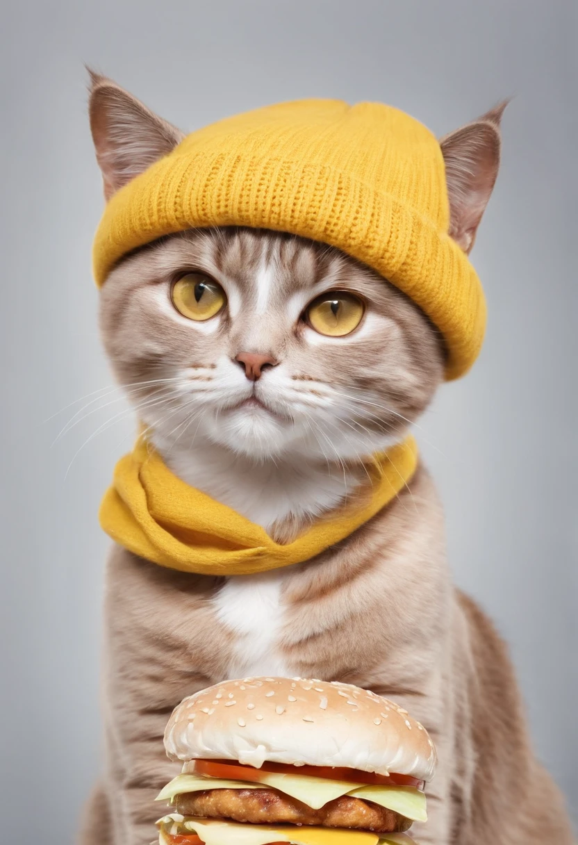 Ultra hd, cat wearing a yellow beanie wearing sunglasses, eating a hamburger, modelling in a studio , bokeh