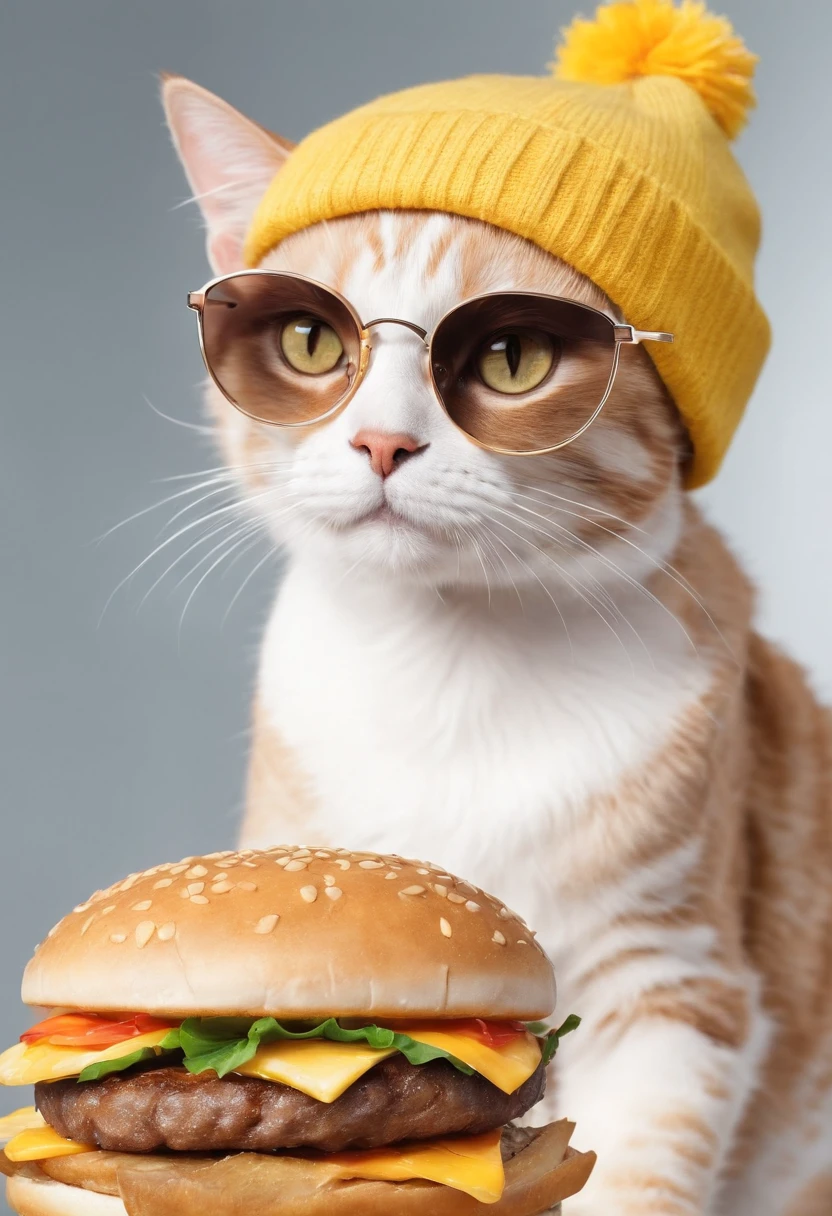 Ultra hd, cat wearing a yellow beanie wearing sunglasses, eating a hamburger, modelling in a studio , bokeh