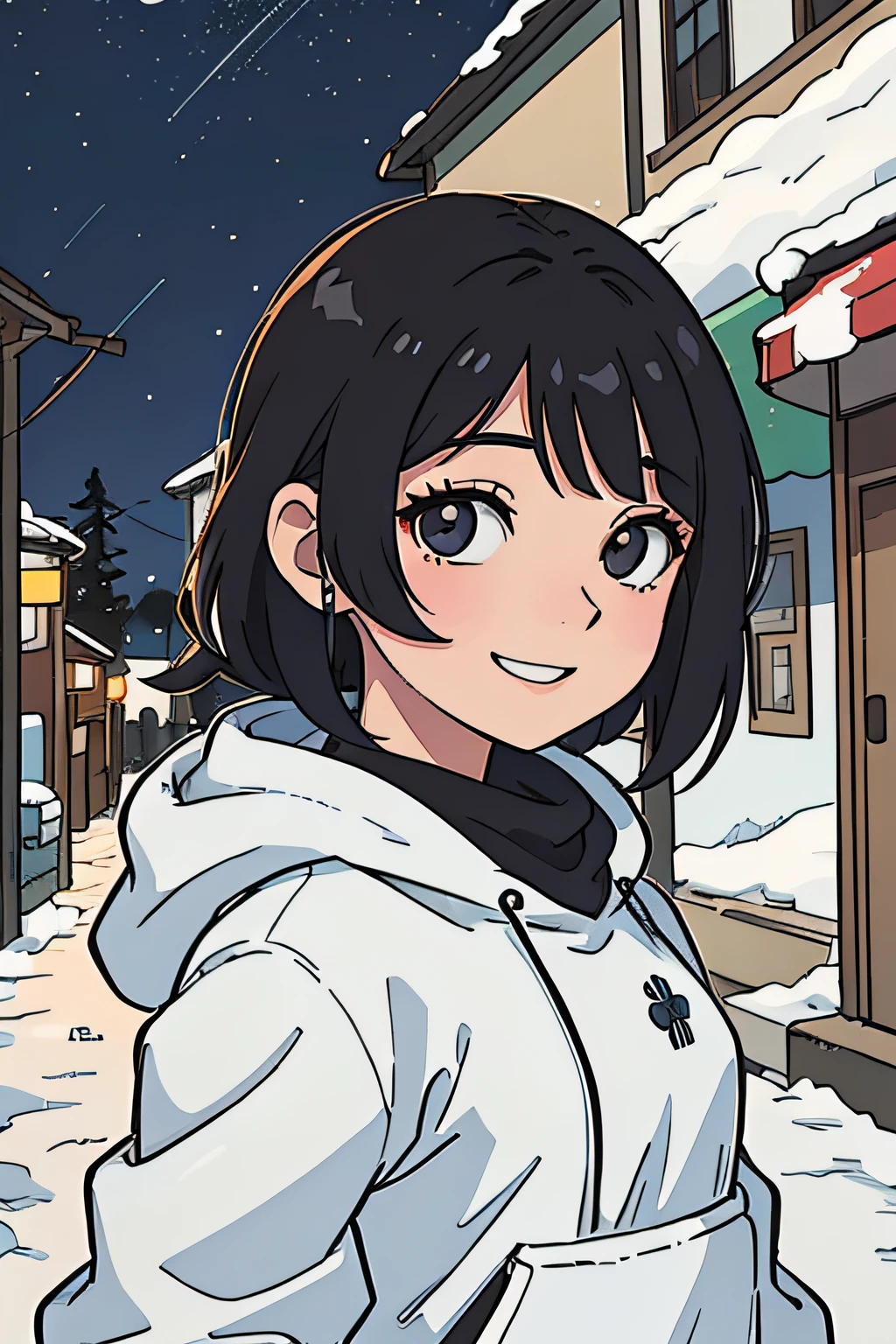 melhor qualidade, Perfect anime illustration, retrato de closeup de uma garota bonita neve, black middle hair, roupas casuais, sorrindo, fundo de paisagem da cidade noite a nevar, casaco com pelo