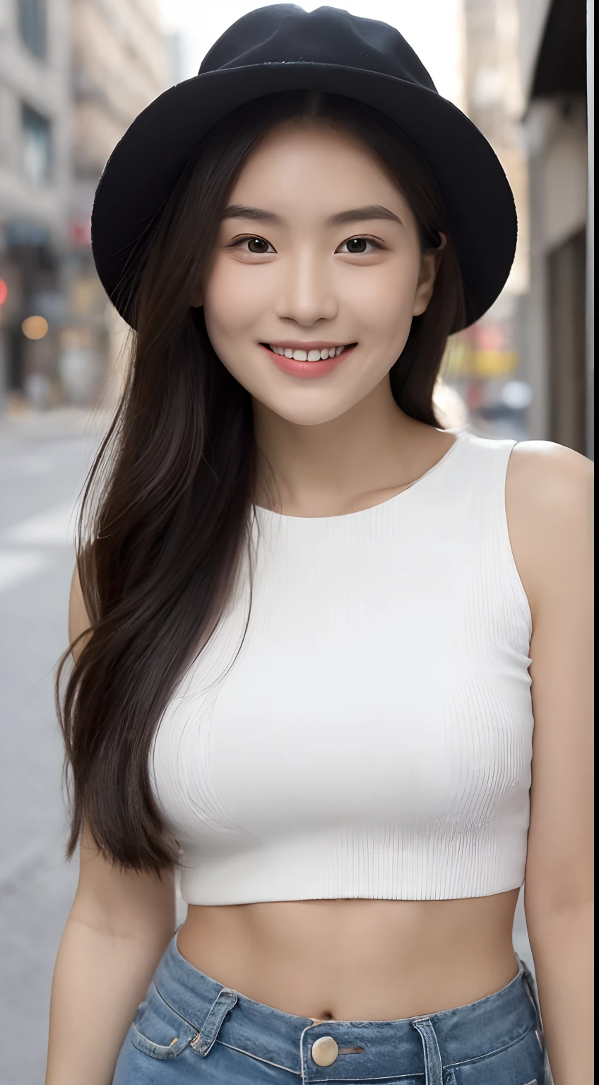 ((Best Quality, 8K, masutepiece: 1.3)), (Newsboy Hat: 1.3), Focus: 1.2, Perfect Body Beauty: 1.4, Buttocks: 1.2, (Layered Haircut: 1.2)), (Dark Street: 1.3), Highly detailed face and skin texture, Full body, Fine eyes, Double eyelids, Whitened skin, Long hair, (Round face: 1.5), (Loose crop top, Shorts: 1.6)、Smile with closed mouth