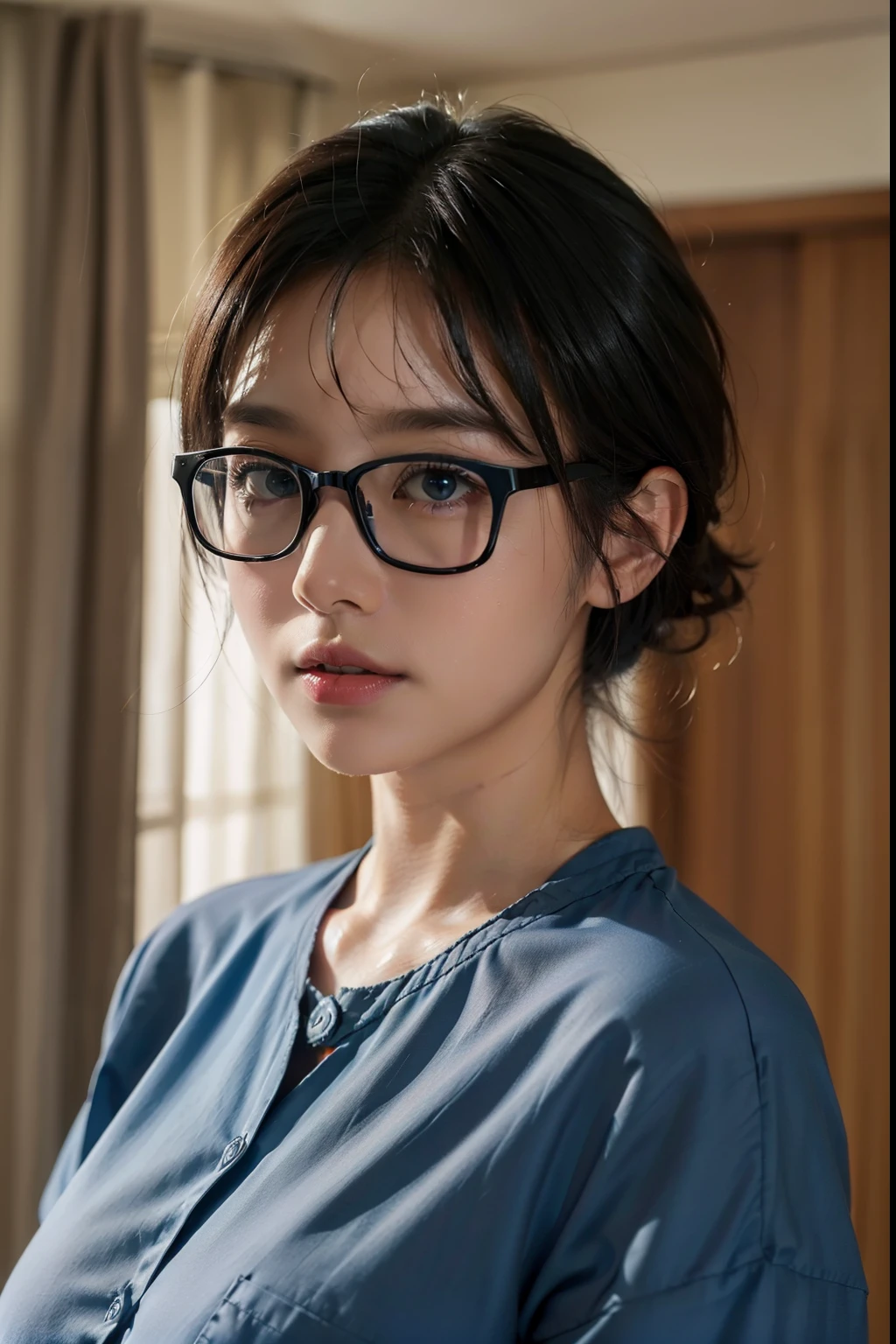 ((top-quality、8K、masterpiece:1.3))、sharp:1.2、Perfect Body Beauty:1.4、Slim abs:1.2、Black-rimmed glasses、A dark-haired、short-cut、Colossal tits、(Wet Light Blue Button Long Shirt:1.1)、nurse's outfit、You can see the valley、Highly detailed facial and skin texture、A detailed eye、二重まぶた、Aspect of looking at the camera、In the hospital、Hospital Room