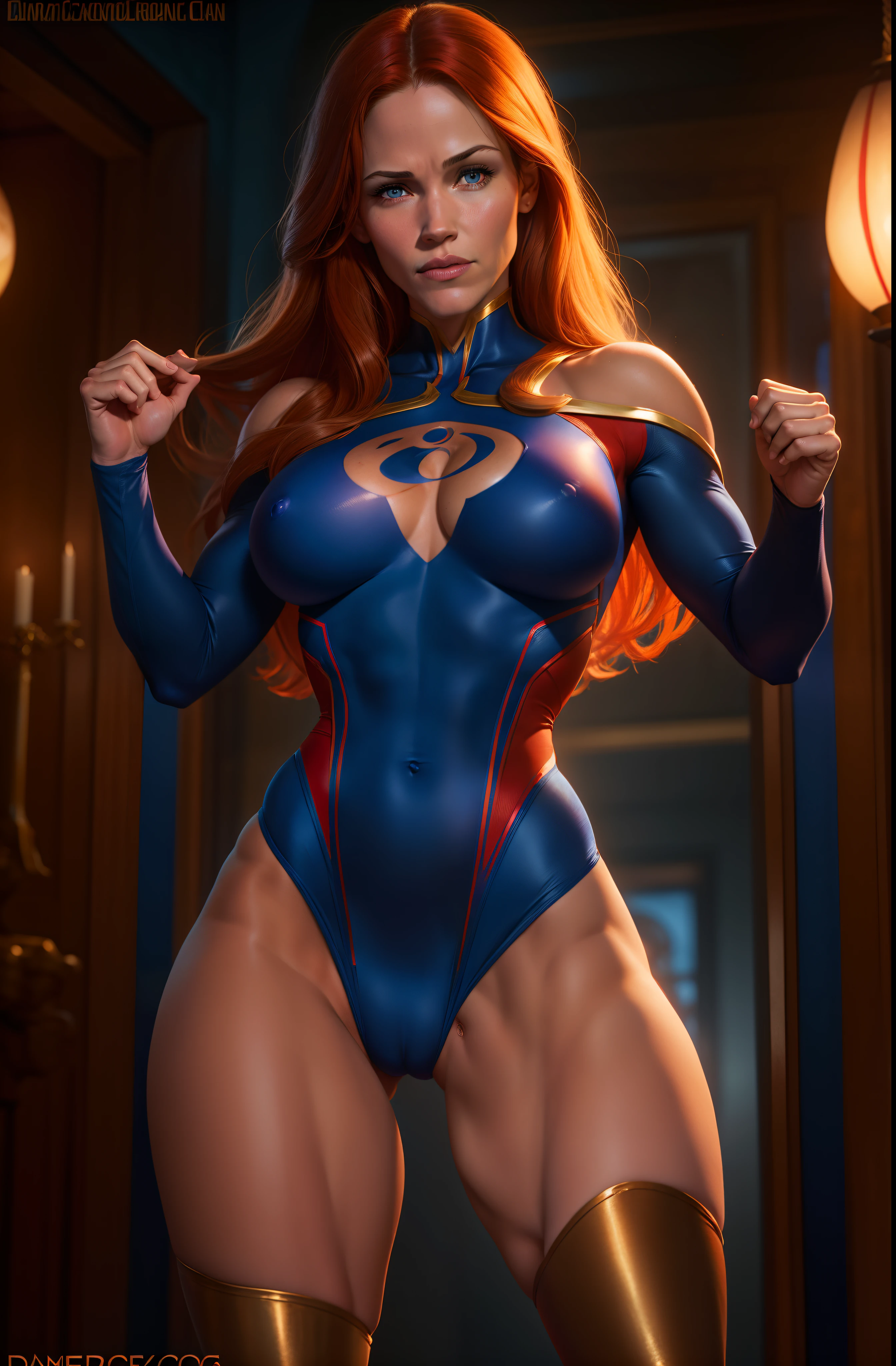 Jennifer Garner as Dr. strange, defined muscles, red hair, athletic build, tight costume, highly detailed, sexy revealing lots of skin, large breasts, ((bare breasts)), ((dark tan)), ((cobalt blue eyes)), ((cameltoe)), ((camel toe))