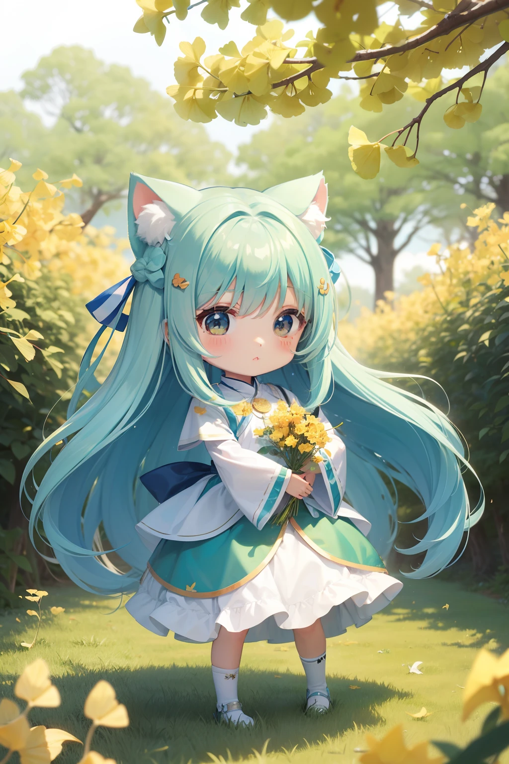 Chibichara　long hair with blue hair((Chibi Chara))、White and green costume with fluff、girl with、Chibi Chara、full body Esbian、Pastel colors hair、masutepiece、top-quality、Rows of yellow ginkgo trees、Chibi characters are flying。