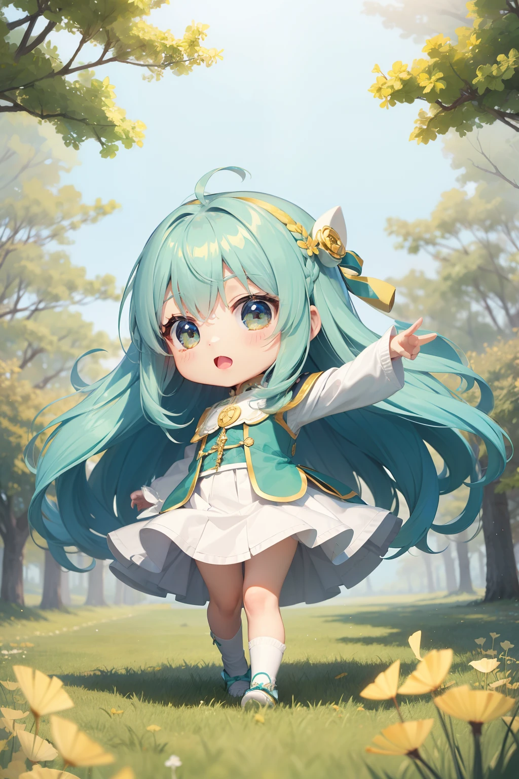 Chibichara　long hair with blue hair((Chibi Chara))、White and green costume with fluff、girl with、Chibi Chara、full body Esbian、Pastel colors hair、masutepiece、top-quality、Rows of yellow ginkgo trees、Chibi characters are flying。