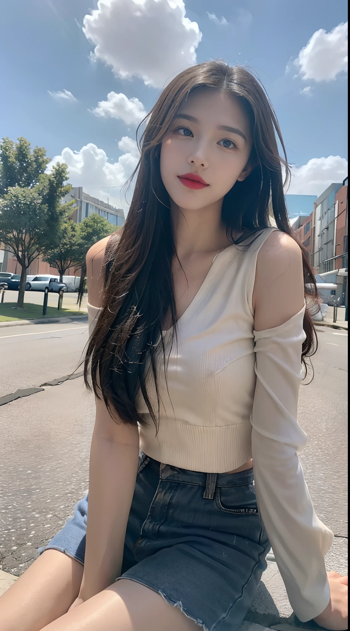 ((best qualtiy, 8K, tmasterpiece:1.3)), A pretty maiden,Pure,Melon seed face,gentle and cute,A sweet smile,Pure desire,Thin stature,(frontage),(Tilt your head),staring right into camera,uniform, Obi, formal,Black silky long, Straight hair,Long hair flowing over the shoulders,round black big eyes,Clear big eyes,Hydrated red lips,Sweet,Sit by the road,with blue sky and white clouds,Blue skies,grassy fields,Buildings,