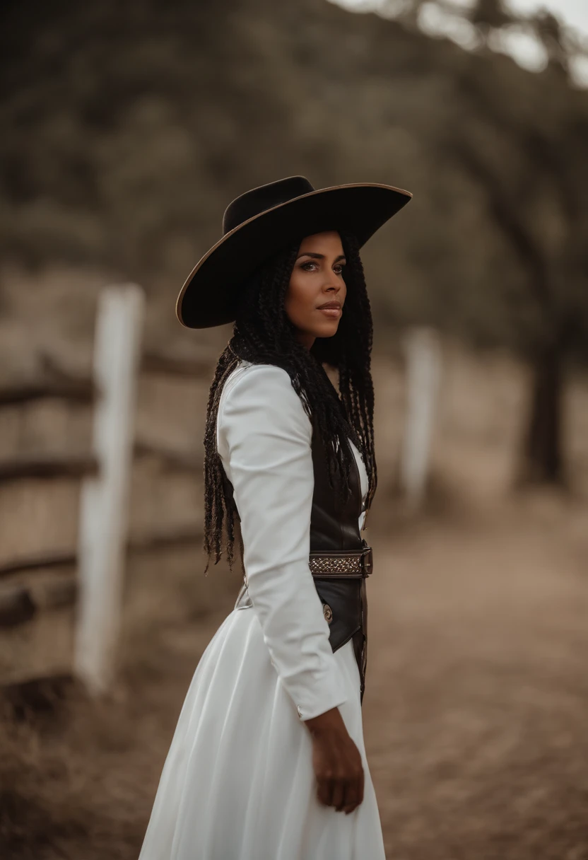 cowboy shot, (Asas Negras:1.2), cabelos muito longos, rabo de cavalo lateral, Gargantilha, propriedade, fora do ombro, (vestido branco:1.3), white jacket,halo,