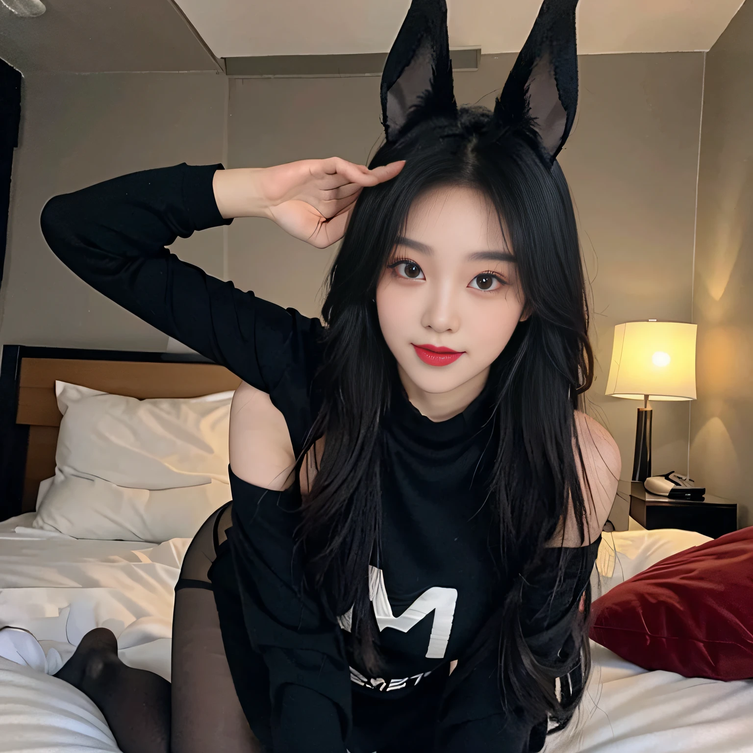 20 Years Old Cute Korean，Black premium pantyhose，Black rabbit ears，Sexy bunny girl costume，beautiful eyes in detail，eyeslashes，beautiful double eyelid，eye shadows，dropping eyes，（Elongated eyes：1.2，Narrow eyes：1.1），Perfect eye makeup，（（（seduct smile，Quiza exterior，Evil expression））（kneeling on a bed）