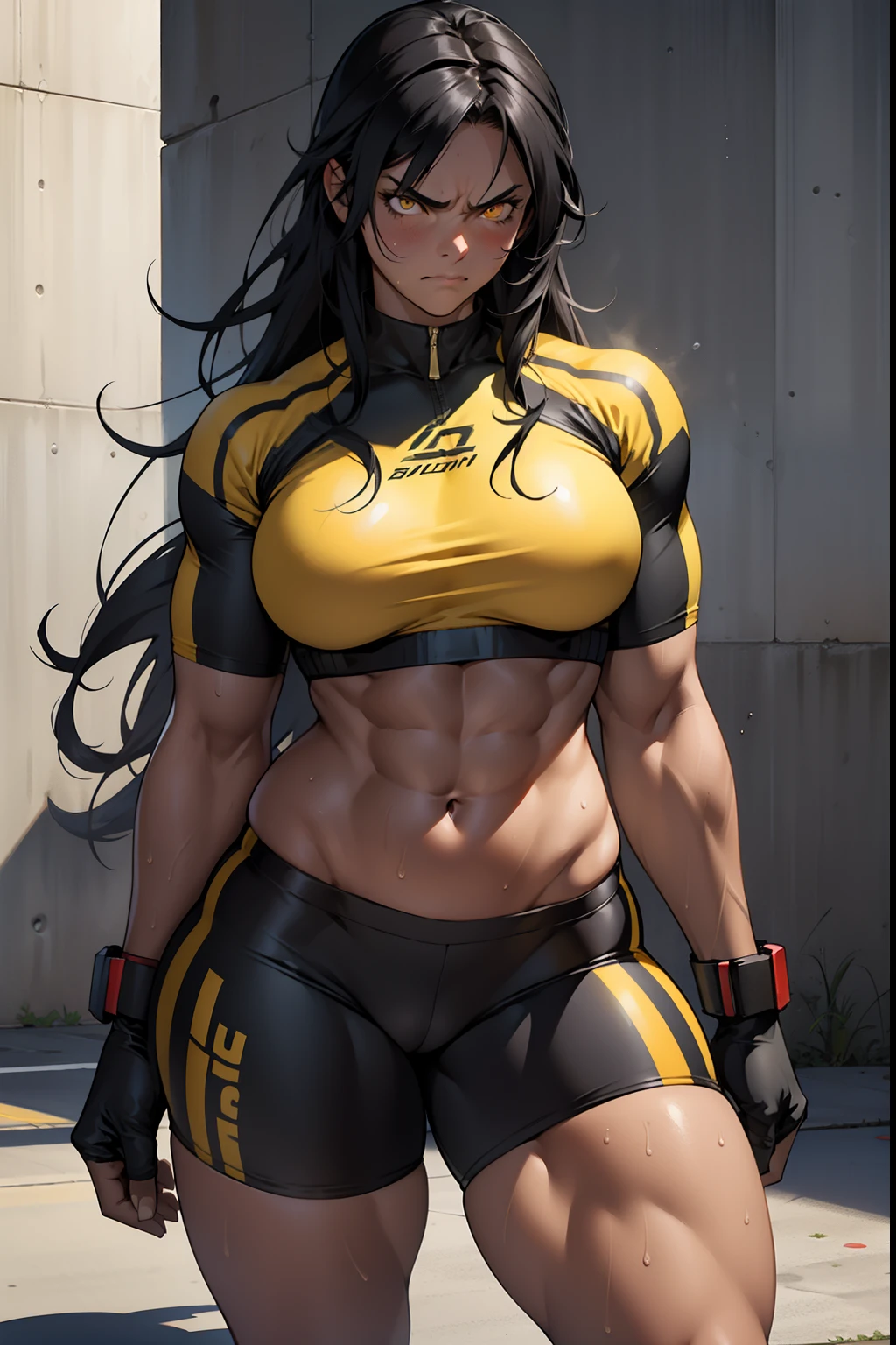 1 girl, solo, black, hair, extremely long hair, yellow eyes, angry, large breasts, thick thighs, curvy, wide hips, ((muscular)), toned body, crop top, bike shorts, navel, abs, concrete, sweaty