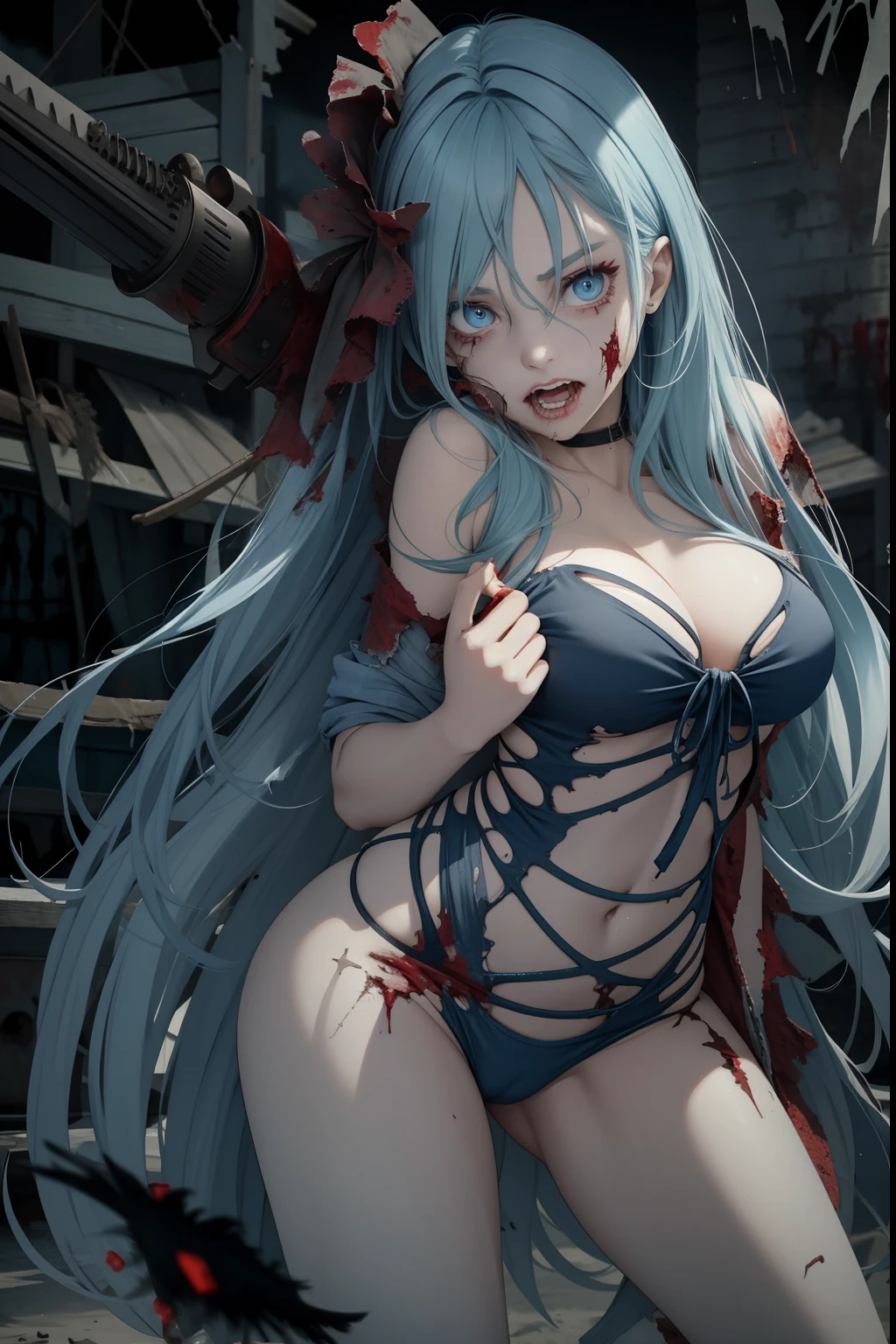 Ripped denim swimsuit (Degree of tearing : 1.9), Undead Girl, No pupils and blue eyes, Blue and pale skin, Skin damage, Bloody, Skin of a Zombie, Exposed (Exposure : 1.5), Axe mark expression(Camel Tis : 1.8), Tattered thigh wound, Body Damage, Tooth marks, Randomly flaky skin, Realistic zombies, Light blue hair, Damage to the body, All clothes are made of denim, Out-of-focus pupil, Sexy Zombies, und, bleed, terror, An atmosphere of fear, Scary beach with flocks of crows, sexy
