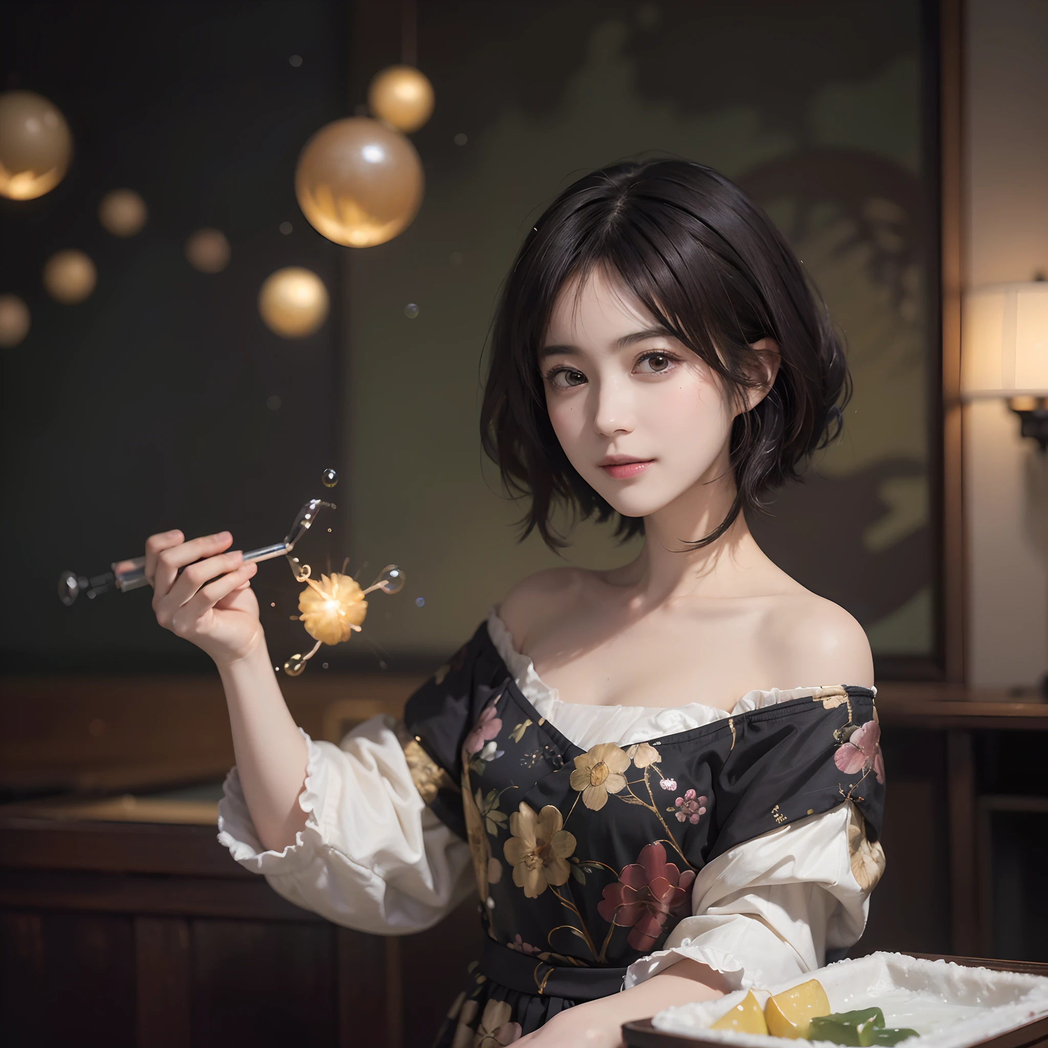 (masutepiece:1.3), (8K picture quality), Photorealsitic, Raw photo, (Best Quality: 1.4), (1womanl), Pretty Face, (Realistic face), (A dark-haired, Short hair:1.5), Beautiful hairstyle, ((boobgasm)), Ultra-high definition resolution, the golden ratio, , depth of fields, 电影灯光, A slight smil, (Soap bubbles:1.1), Oil Painting, Rembrandt, Light and Darkness, ((Contrasty)), with floral pattern
