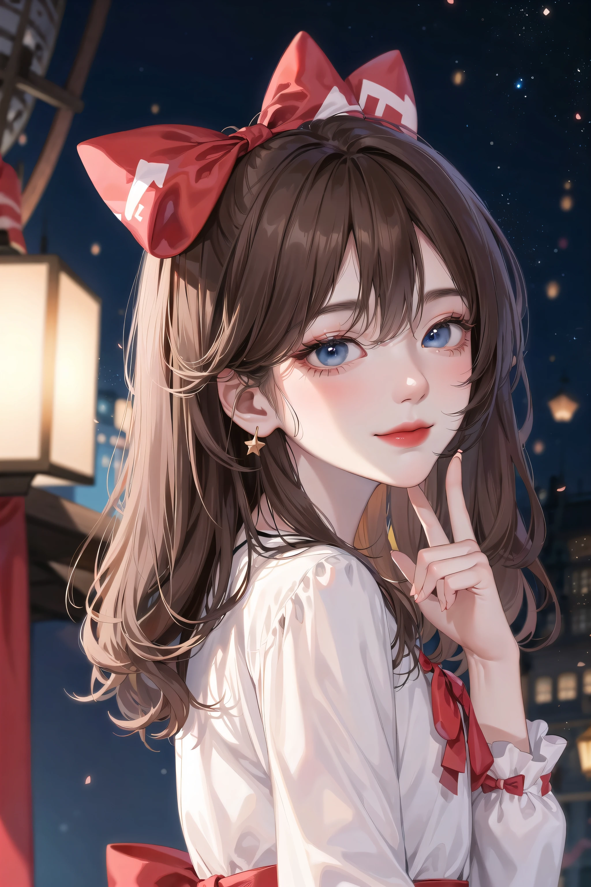 (extremely delicate and beautiful:1.2),1girl,fashi-girl, bangs, blue eyes, blurry, blurry background, bow, brown hair, closed mouth, from side, hair between eyes, hair bow, lantern, light particles, long sleeves, looking at viewer, medium hair, night, red bow, solo, star \(symbol\), upper body,smile,red lips