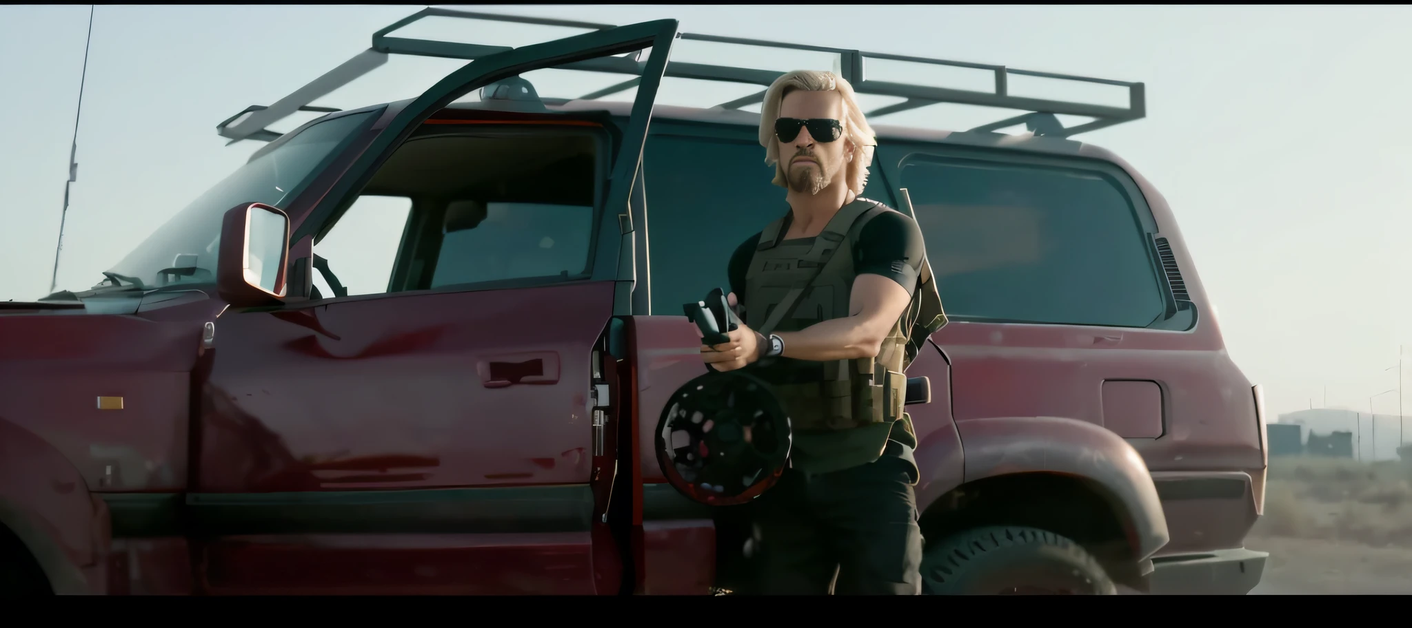 ((Masterpiece)). ((Best quality)), ((A high resolution)), Male focus, A black-haired Arad man wearing a camouflage bulletproof vest stands in front of a red truck, Cameron Films, cinematic ligh《the terminator》, movie action still frame, shot from cinematic, still from live action movie, Equipped with AA12 rifles, live-action movie scenes, action scene from the film,Hyper-cinematic,The weapon is super real