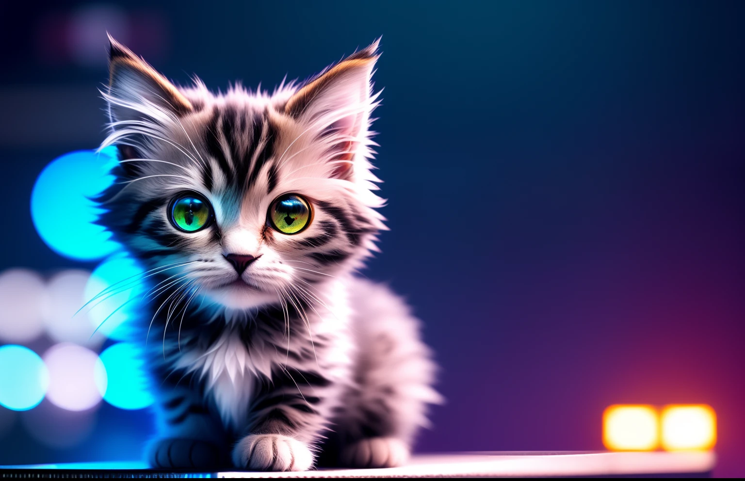Cute fluffy kitten made of metal, cyborg, cyberpunk style, clockwork, (((intricate detail)), HDR, big eyes, (intricate detail, super detail)), vacuum tube or electron tube, cinematic shot, vignette, bokeh effect tortoiseshell