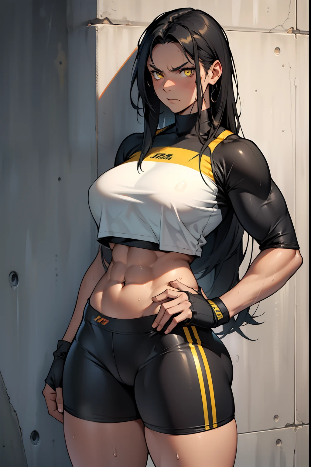 1girl solo black hair yellow eyes very long hair pale skin muscular muscular muscular muscular toned body huge muscles thick thighs girl tight clothes angry blushing messy hair leggings tight shirt long sleeves thick thick thick thick thick thick