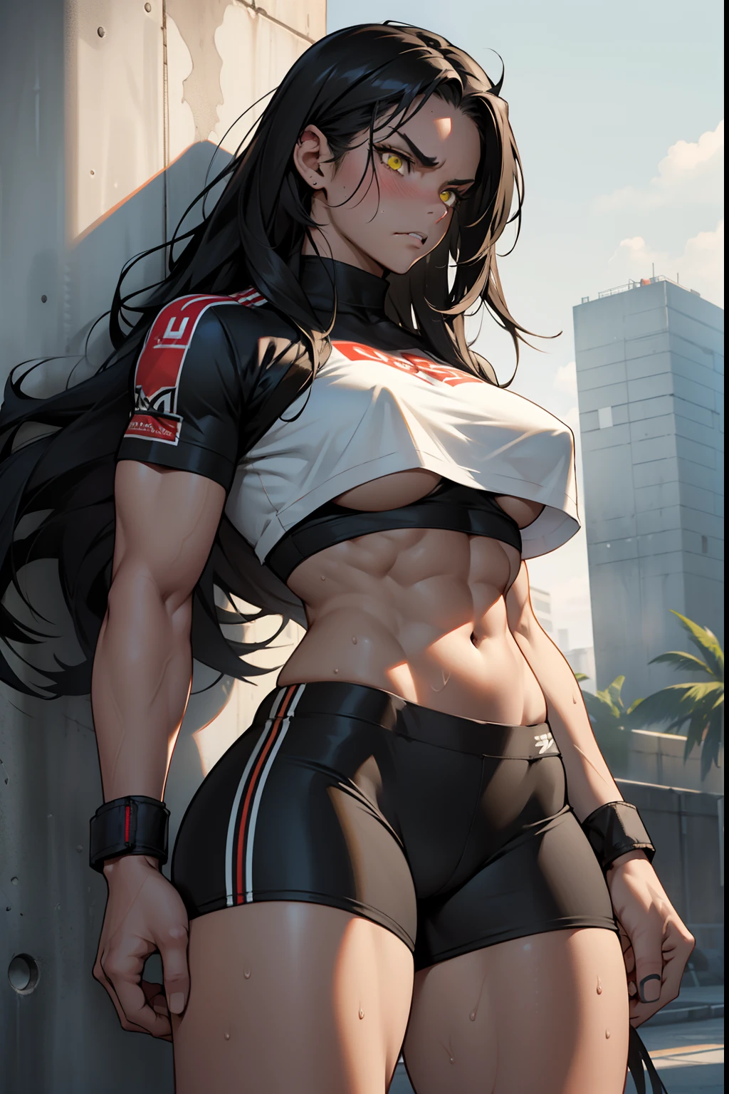 1 girl, solo, black, hair, extremely long hair, yellow eyes, angry, large breasts, thick thighs, curvy, wide hips, (muscular), toned body, crop top, bike shorts, navel, abs, concrete, sweaty, underboob, pale skin