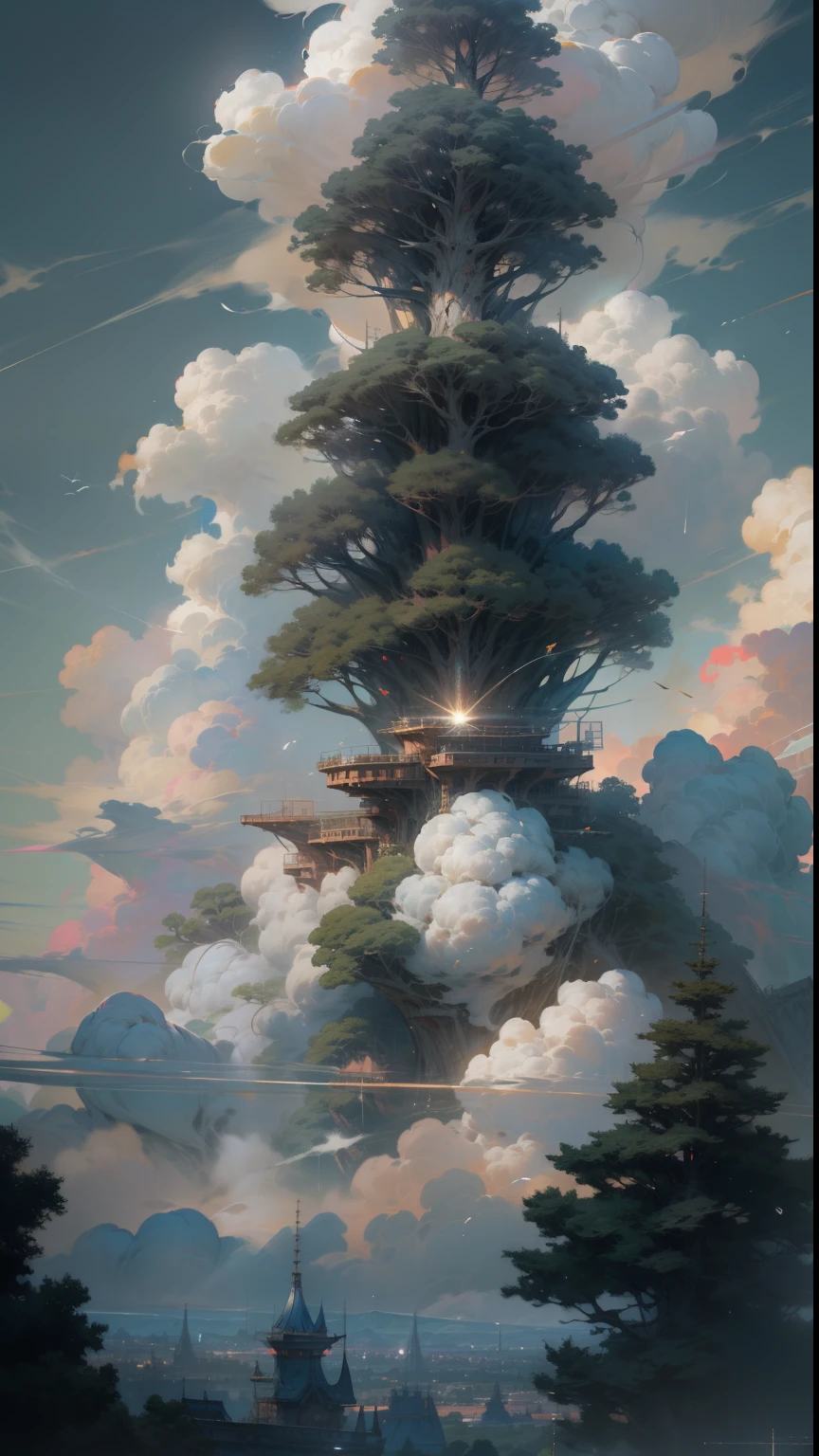 Cheerful color, Sky, Clouds, (rustic tech), (big clouds:1), thunder, nohumans, in the cloud, ((cloud covering most of image)), giant trees , cyberpunk_Architecture, "sky, cloud, glowing, big trees , building, cybernetic _trees, tree_mech, sci-fi, cityscape, realistic, mechanical" Science Fiction, Cities, Rendered in Octane, hyper realistic, 8k, epic composition, cinematic, octane render, artstation landscape vista photography by Carr Clifton & Galen Rowell, 16K resolution, Landscape veduta photo by Dustin Lefevre & tdraw, 8k resolution, detailed landscape painting by Ivan Shishkin, DeviantArt, Flickr, rendered in Enscape, Miyazaki, Nausicaa Ghibli, Breath of The Wild,,trending in artstation, cgsociety, 8k post-processing highly detailed,Junji Murakami, Mucha Klimt, Sharandula, Hiroshi Yoshida, Tom Bagshaw, Ross Tran, Artgerm,Craig Mullins,dramatic,Junji Murakami, moody lighting rendered by octane engine,characters 8K symmetrical arstation, cape,cinematic lighting, intricate details, 8k detail post processing, hyperealistic, octane rend, Zdzisław Beksiński style, ar 2:3 Reality Reality -upscale