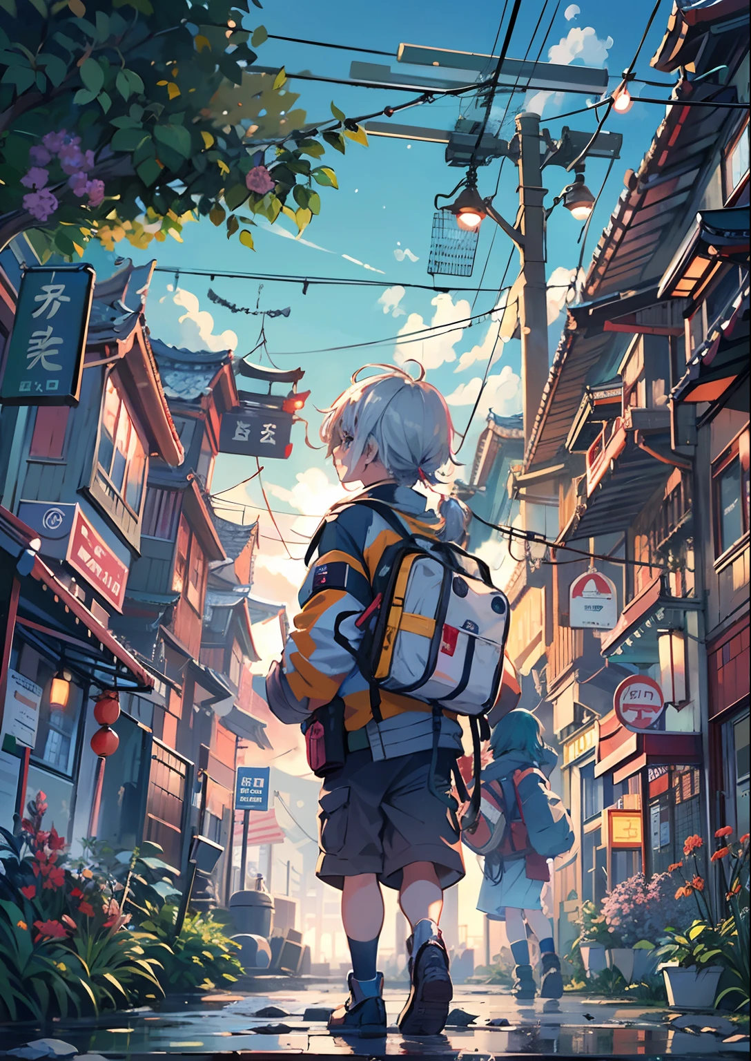 1boy,Man's ,Cyberpunk Boy、silber hair、poneyTail、The beginning of the adventure、Dragon in the sky、magic hour with clouds,beautiful Fireworks、ruined and devastated city、Complex Japan buildings、school buildings、temple、shrines、railroad crossing、Bus stop、Trees、Warm lighting、puddles、Good old Japan landscape、Beautiful and fantastic summer landscape、Cinematic scenery、hightquality、masutepiece,8K、hight resolution、ultra-detailliert,