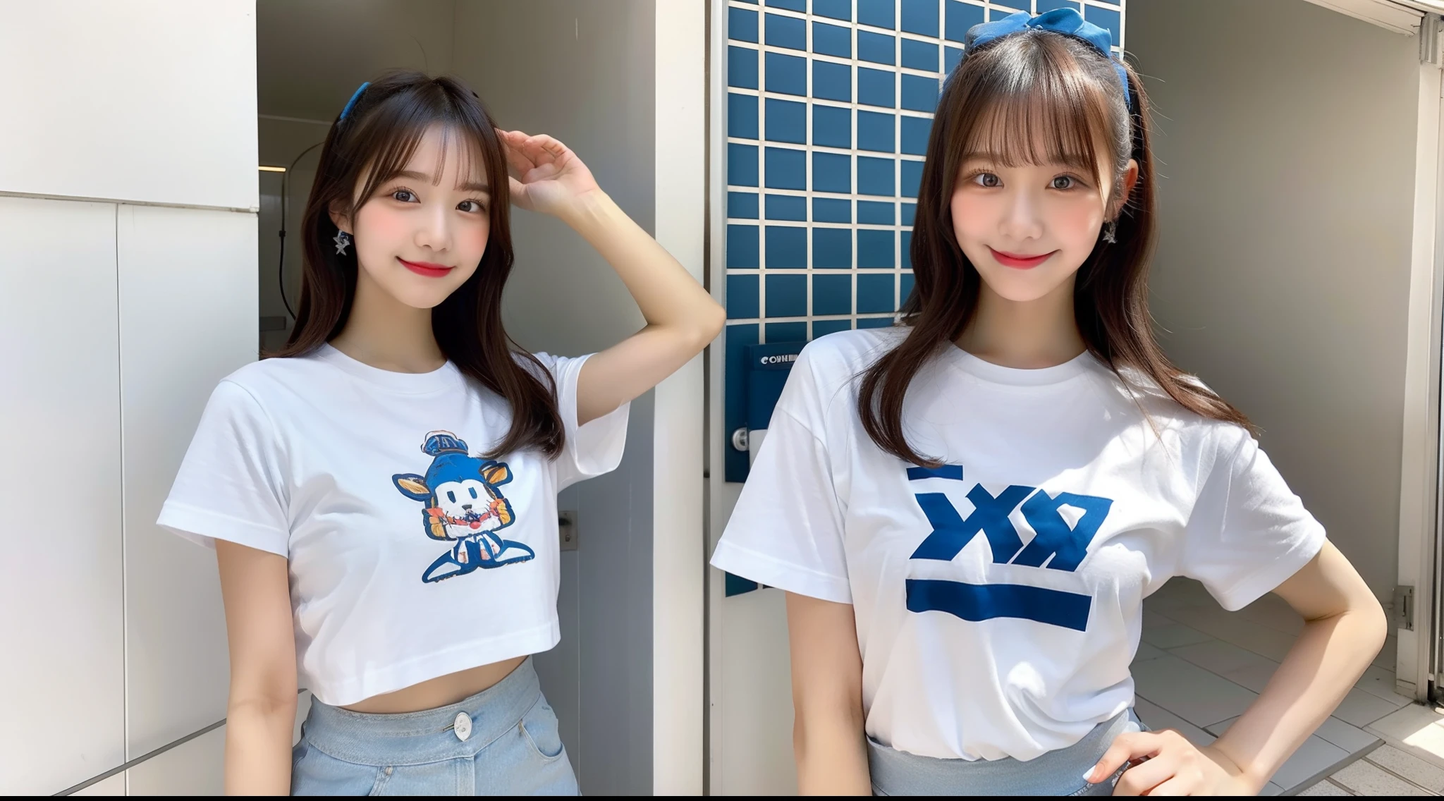 18-year-old cheergirl wearing white T-shirt and light blue miniskirt