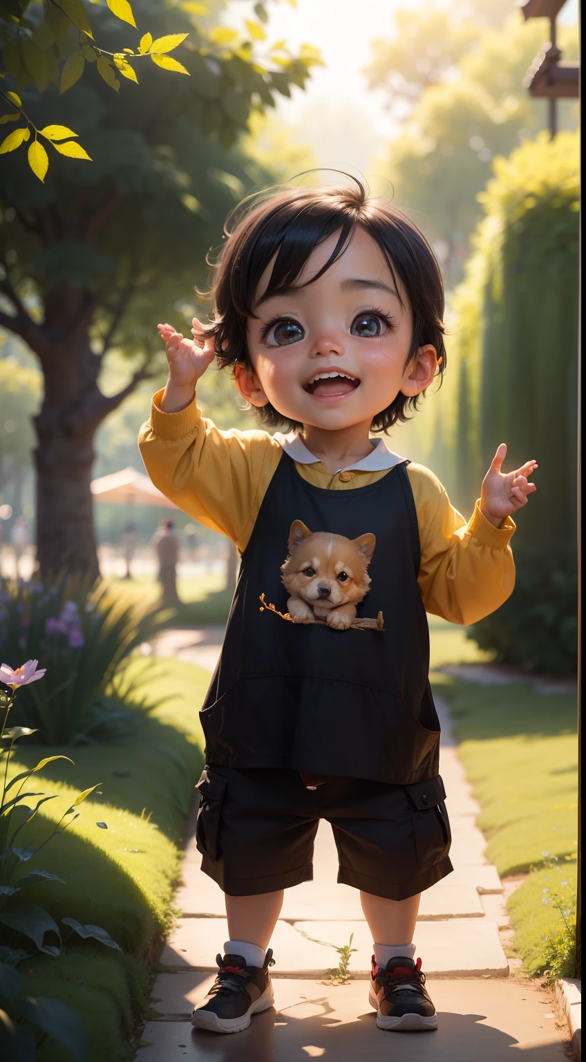 A cute 3 year old Chinese boy lifts a puppy above his head,Raise Hand,Movie Angle,( lovely boy,Anatomically correct,full bodyesbian),(illustration,a 3D render),(Extremely colorful, Best quality, high detal, Masterpiece, Cinematic lighting, 4K, Chiaroscuro),Libido boy,Lidhead of the pot,delicated,Light brown eyes,Extreme light and shadow,Light,8k wallpaper,Master painting,the lush vegetation,paths,big laughter,parks,Black eyes