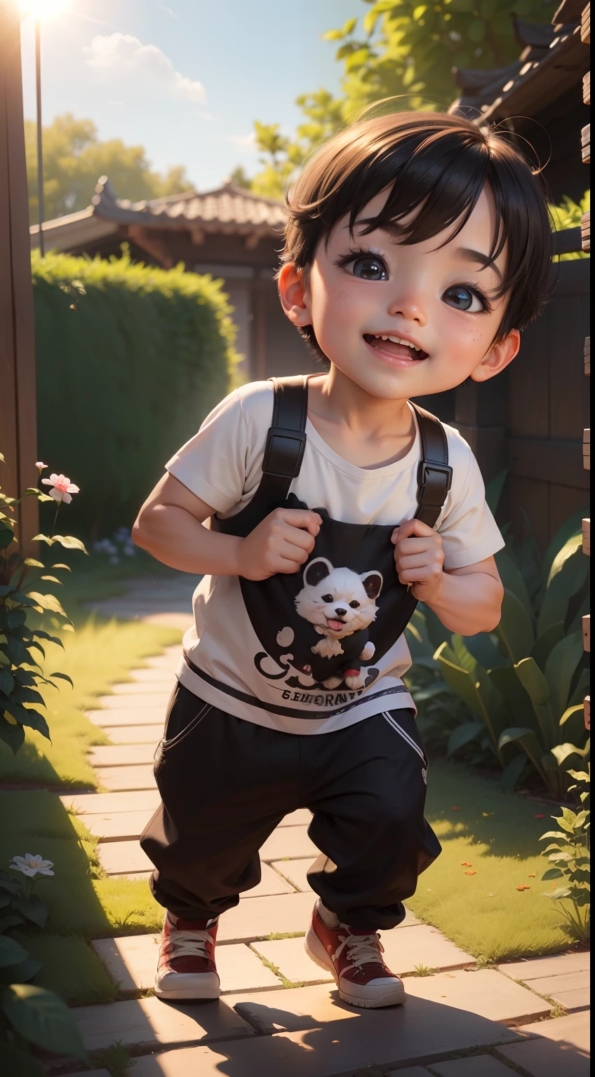 A cute 3 year old Chinese boy lifts a puppy in the direction of the sun,Movie Angle,( lovely boy,Anatomically correct,full bodyesbian),(illustration,a 3D render),(Extremely colorful, Best quality, high detal, Masterpiece, Cinematic lighting, 4K, Chiaroscuro),Libido boy,delicated,Light brown eyes,Extreme light and shadow,Light,8k wallpaper,Master painting,Lush vegetation,path,big laughter,Black eyes