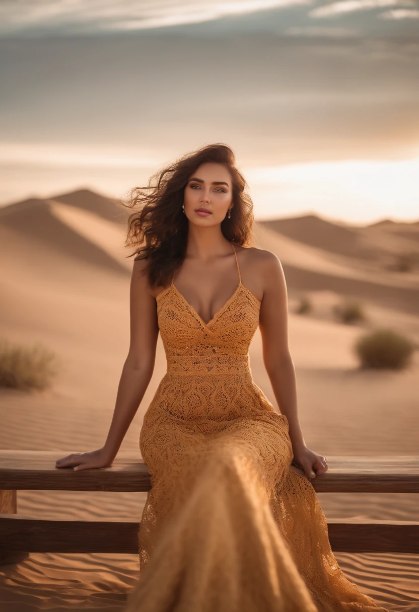 Chubby woman in a crochet midi dress sitting on a bench in the desert, Retrato de Sophie Mudd, Foto retrato 8K suave, graceful woman curvy medium body, 33 years old with medium length wavy black hair. sensual, suave e intrincado, ethereal beauty, close-up meio corpo, modelo jovem bonita, Anna Nikonova, also known as Newmilky, close up corpo disparado, mulher jovem sensual, belo rosto delicado, na areia, seios grandes, vestido caindo, Fotografia Glamourosa 4K