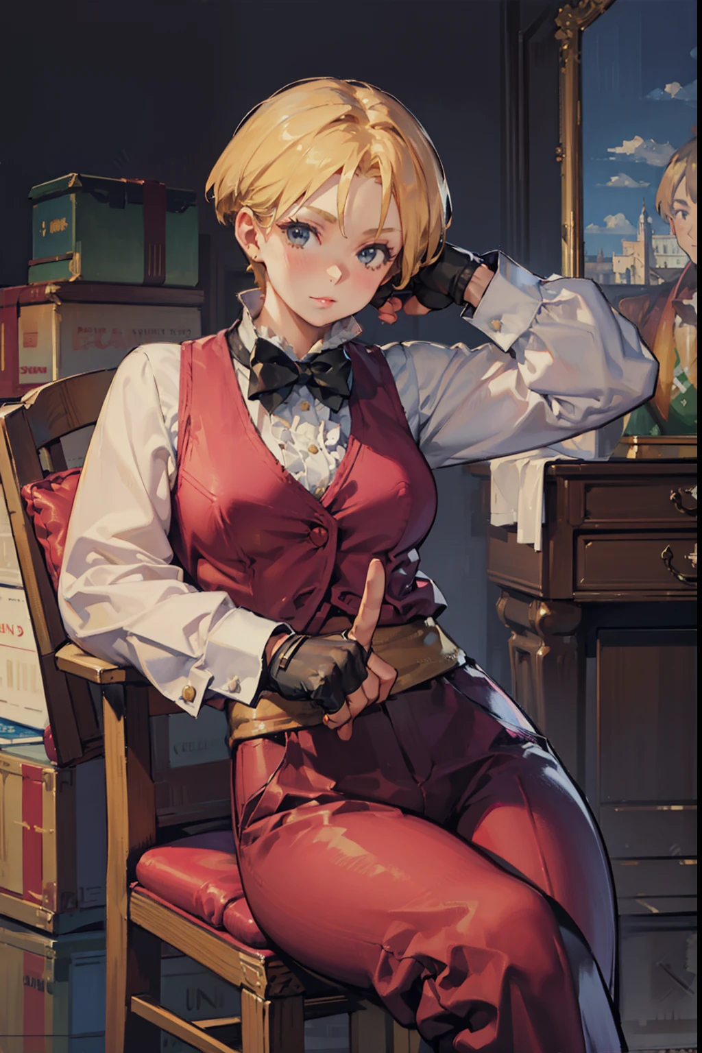 kingms, 1girl, solo, gloves, bow, fingerless gloves, pants , shirt, vest, suspenders,simple background,((post-impressionist)),strong stance,taking out bottom,taking out pants,while sitting on a chair,