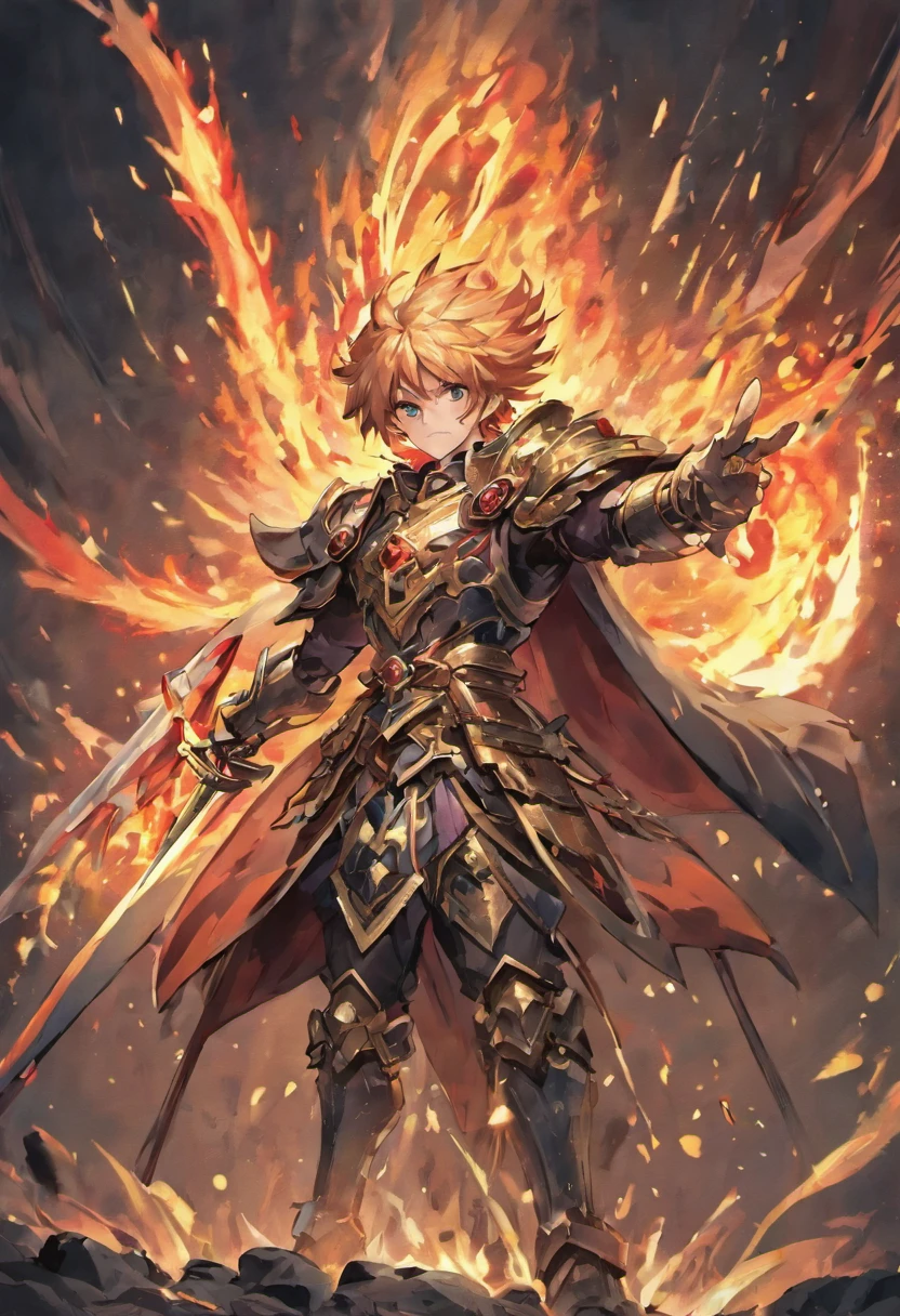 Anime drawing of a knight with a sword and fire on his back, flame conjuring armored, Dragon Knight, Flaming Sword, ruler of inferno, the god of chaos, arcs of flame, blazing infero, legendary god holding spear, fire demon, multiple flames, A dazzling-looking mech, beautiful male god of death, yugioh art style, drachenlord