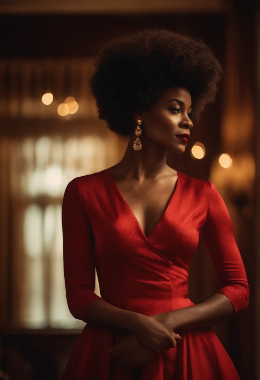 Cena de filme vintage, Mulher afro com vestido vitoriano vermelho