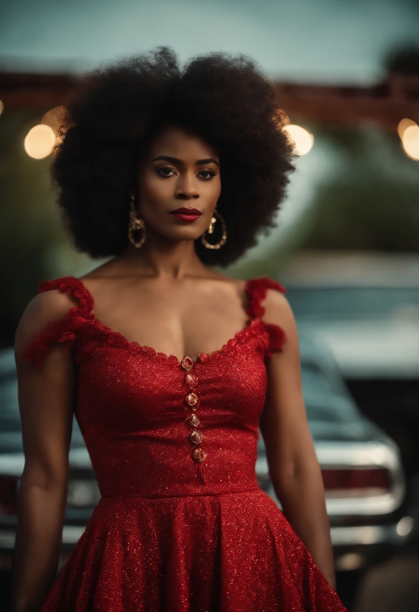 Cena de filme vintage, Mulher afro com vestido vitoriano vermelho