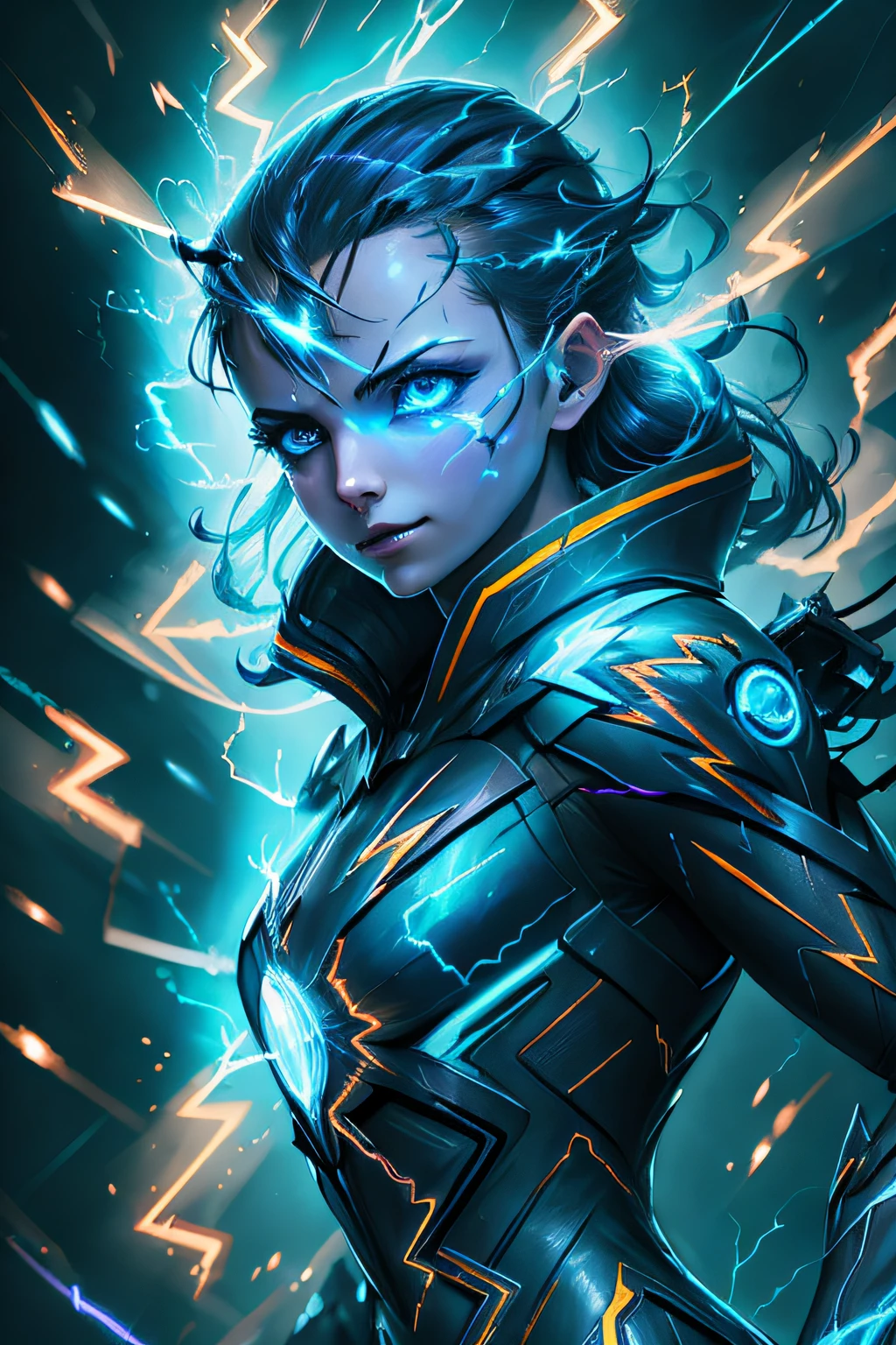 a girl with lightning powers, intense electrical energy, crackling sparks, bright flashes, glowing eyes, vibrant energy, dynamic poses, dramatic lighting, electric blue color scheme, superhero theme, powerful and energetic strokes, detailed facial features, realistic rendering, high contrast, electrifying atmosphere --auto