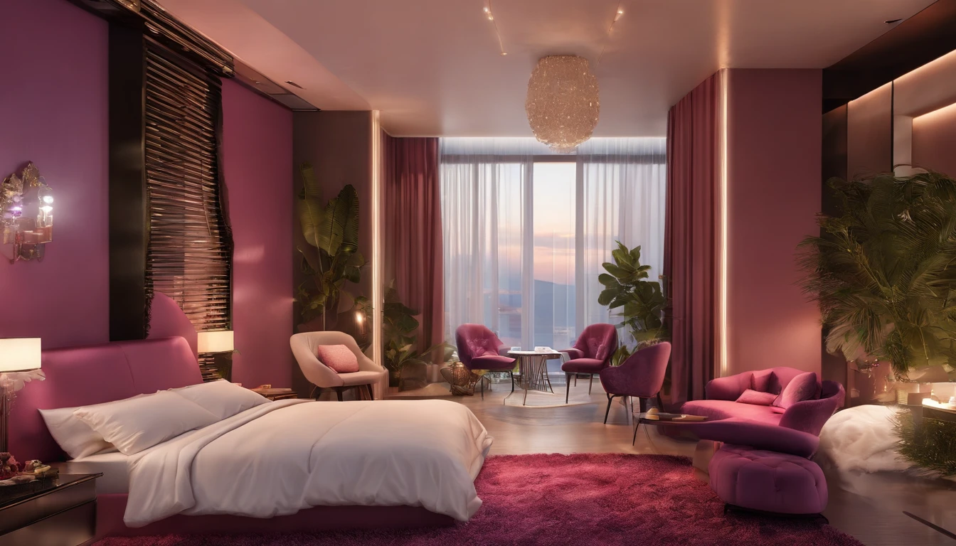 (best quality,4k,8k,highres,masterpiece:1.2),ultra-detailed,(realistic,photorealistic,photo-realistic:1.37),sexy girl in a seductive bedroom,beautiful detailed eyes,long eyelashes,beautiful detailed lips,lingerie,red lipstick,silky sheets,soft lighting,colorful neon lights,romantic atmosphere,alluring pose,high fashion,stylish decor,reflection on a mirrored wall,hints of lace,delicate fabrics,floral scent,pink and purple color tones,subtle shadows,sublime curves,confident expression,bed with a headboard,cosy carpet,vivid colors,provocative aesthetic,gentle highlights,relaxed and inviting ambiance,playful mood,utmost attention to detail,high-gloss finish,professional photography-style lighting.