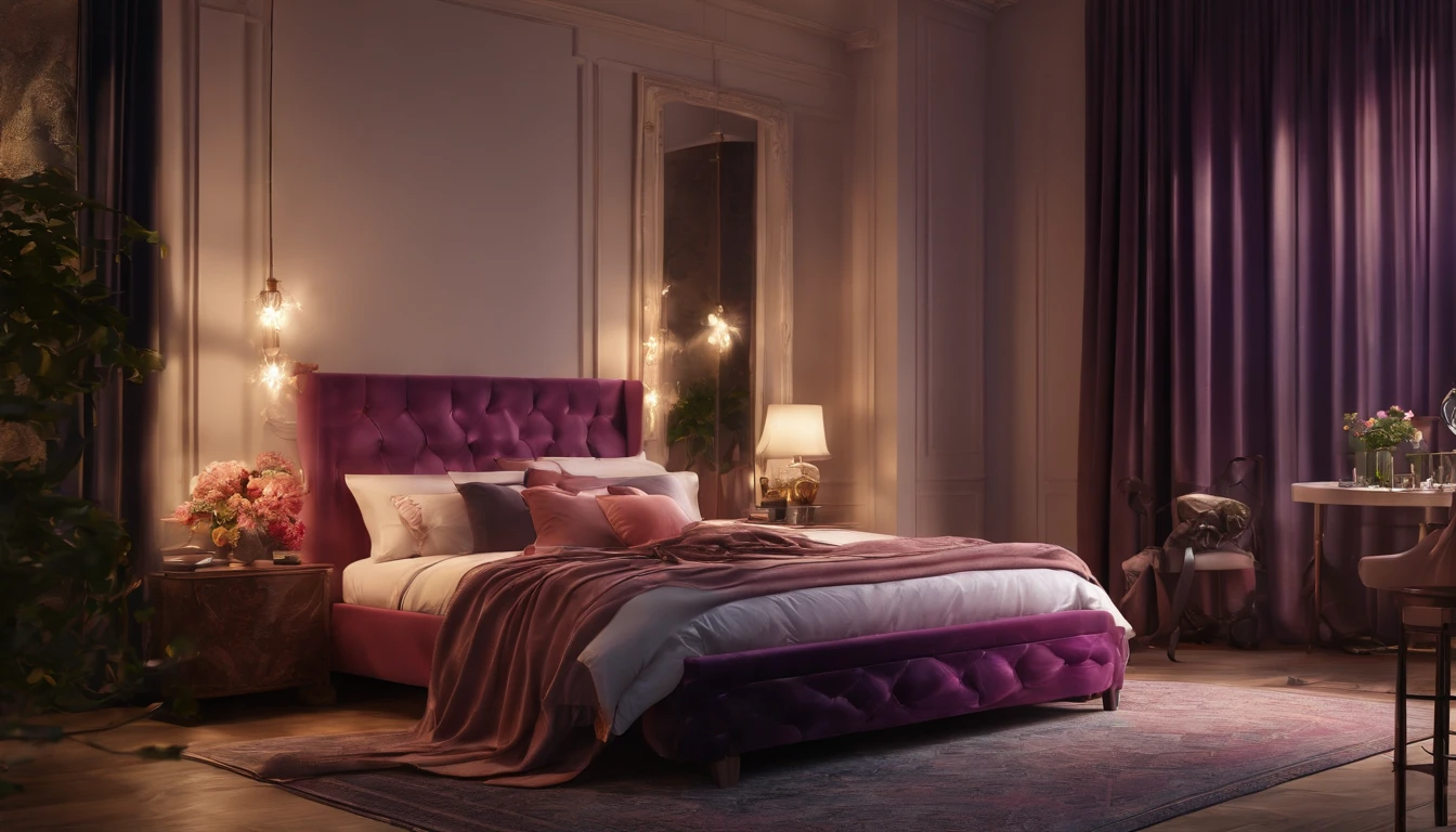 (best quality,4k,8k,highres,masterpiece:1.2),ultra-detailed,(realistic,photorealistic,photo-realistic:1.37),sexy girl in a seductive bedroom,beautiful detailed eyes,long eyelashes,beautiful detailed lips,lingerie,red lipstick,silky sheets,soft lighting,colorful neon lights,romantic atmosphere,alluring pose,high fashion,stylish decor,reflection on a mirrored wall,hints of lace,delicate fabrics,floral scent,pink and purple color tones,subtle shadows,sublime curves,confident expression,bed with a headboard,cosy carpet,vivid colors,provocative aesthetic,gentle highlights,relaxed and inviting ambiance,playful mood,utmost attention to detail,high-gloss finish,professional photography-style lighting.