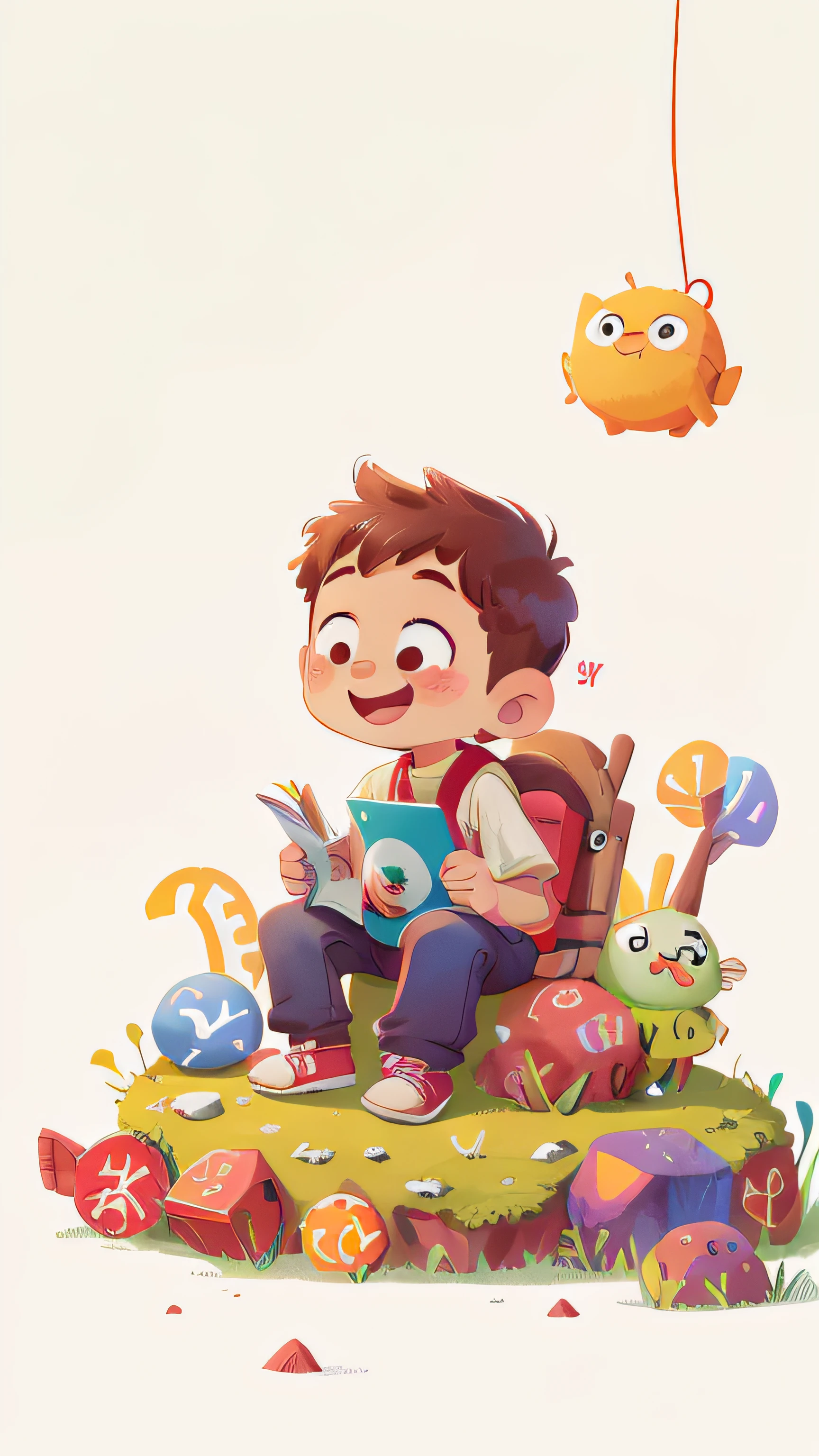 1 year old boy, sitting next to the big letters, stone letters, white background, smile
