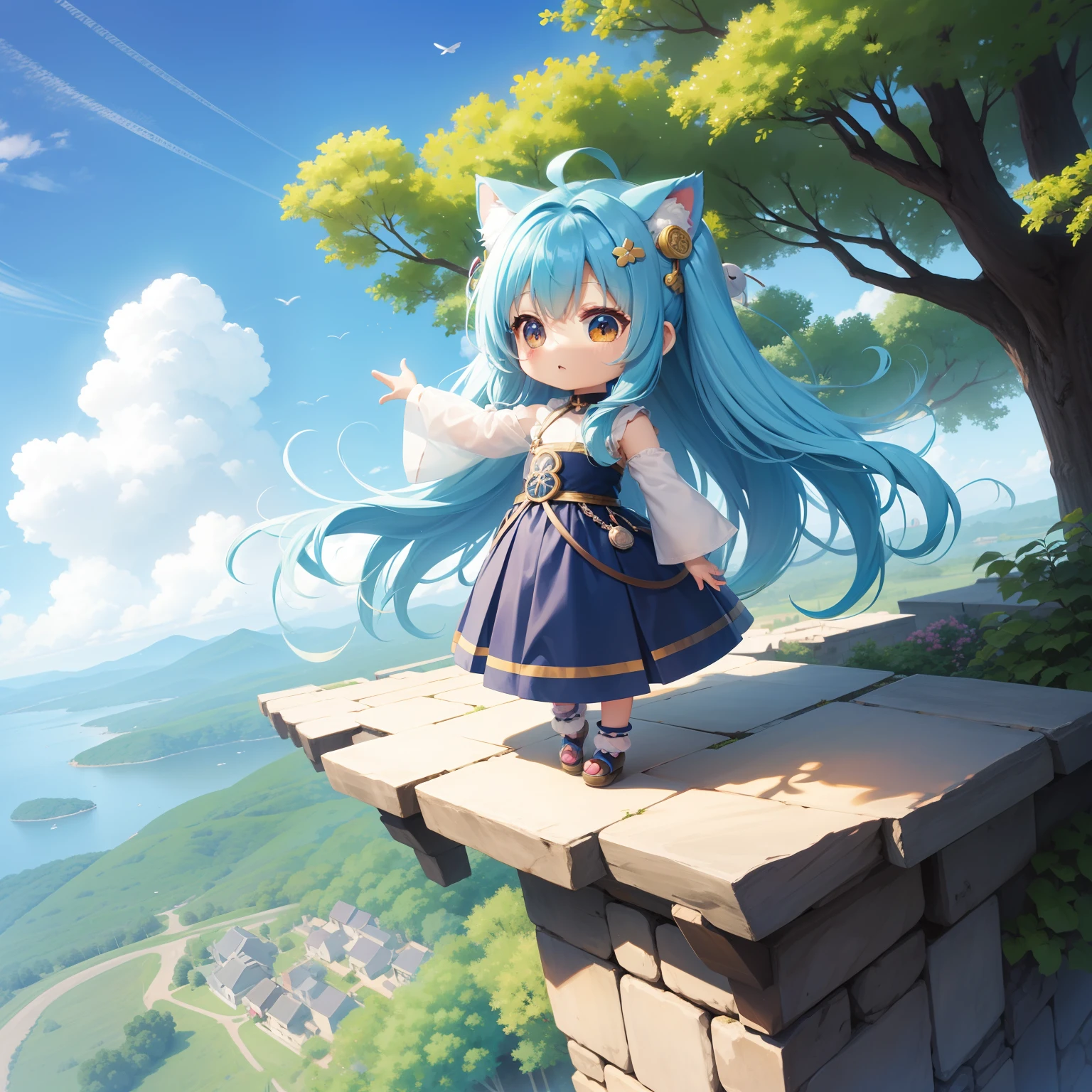 Chibichara long hair with blue hair((Chibi Chara))、Fluffy、girl with、Chibi Chara、full body Esbian、Pastel colors hair、masutepiece、top-quality、Gingko trees、Chibi Chara Flying in the sky