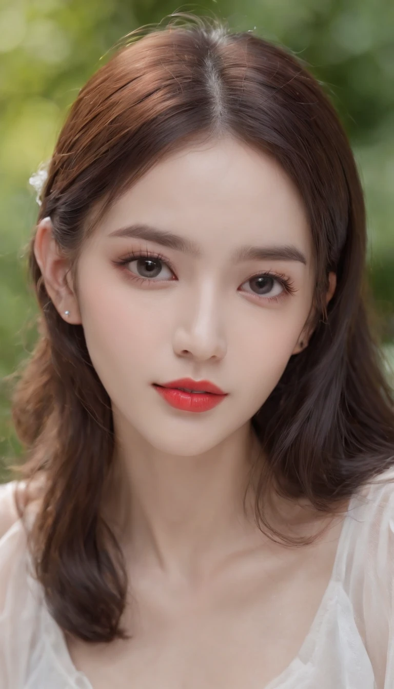 ((Best Quality, 8k, Masterpiece:1.3)), a beautiful girl, pure, melon face, gentle and cute, thin figure, frontal, tilted head, ((dewy shoulder short T-shirt, sports shorts)), black silky hair, long hair shawl, round black big eyes, clear big eyes, ((moist red lips)), (lipstick), (blush), ((rosy skin)), sweet, blue sky and white clouds, grassland, grassland background,