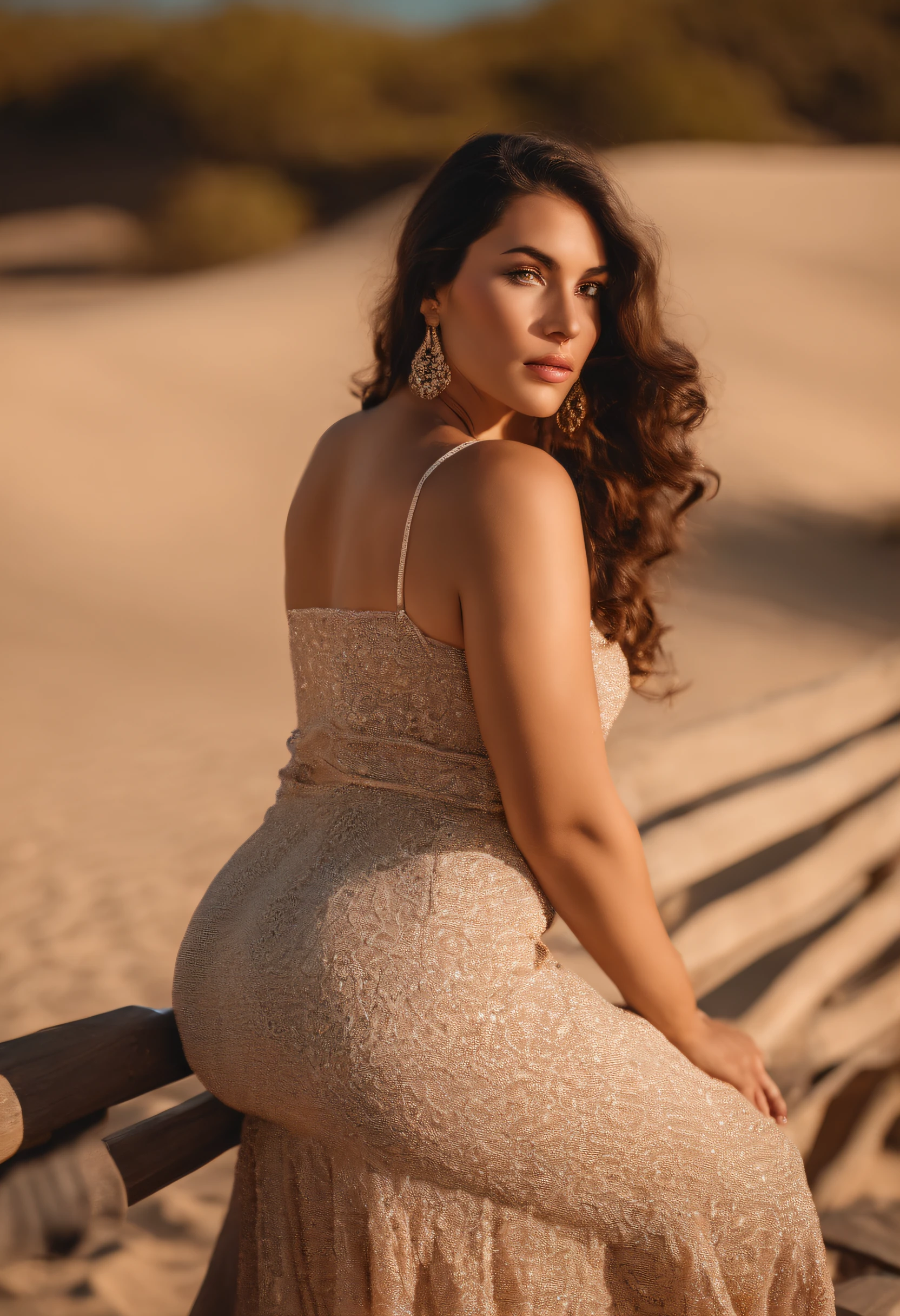 Chubby woman in a crochet midi dress sitting on a bench in the desert, Retrato de Sophie Mudd, Foto retrato 8K suave, graceful woman curvy medium body, 33 years old with medium length wavy black hair. sensual, suave e intrincado, ethereal beauty, close-up meio corpo, modelo jovem bonita, Anna Nikonova, also known as Newmilky, close up corpo disparado, mulher jovem sensual, belo rosto delicado, na areia, seios grandes, vestido caindo, Fotografia Glamourosa 4K