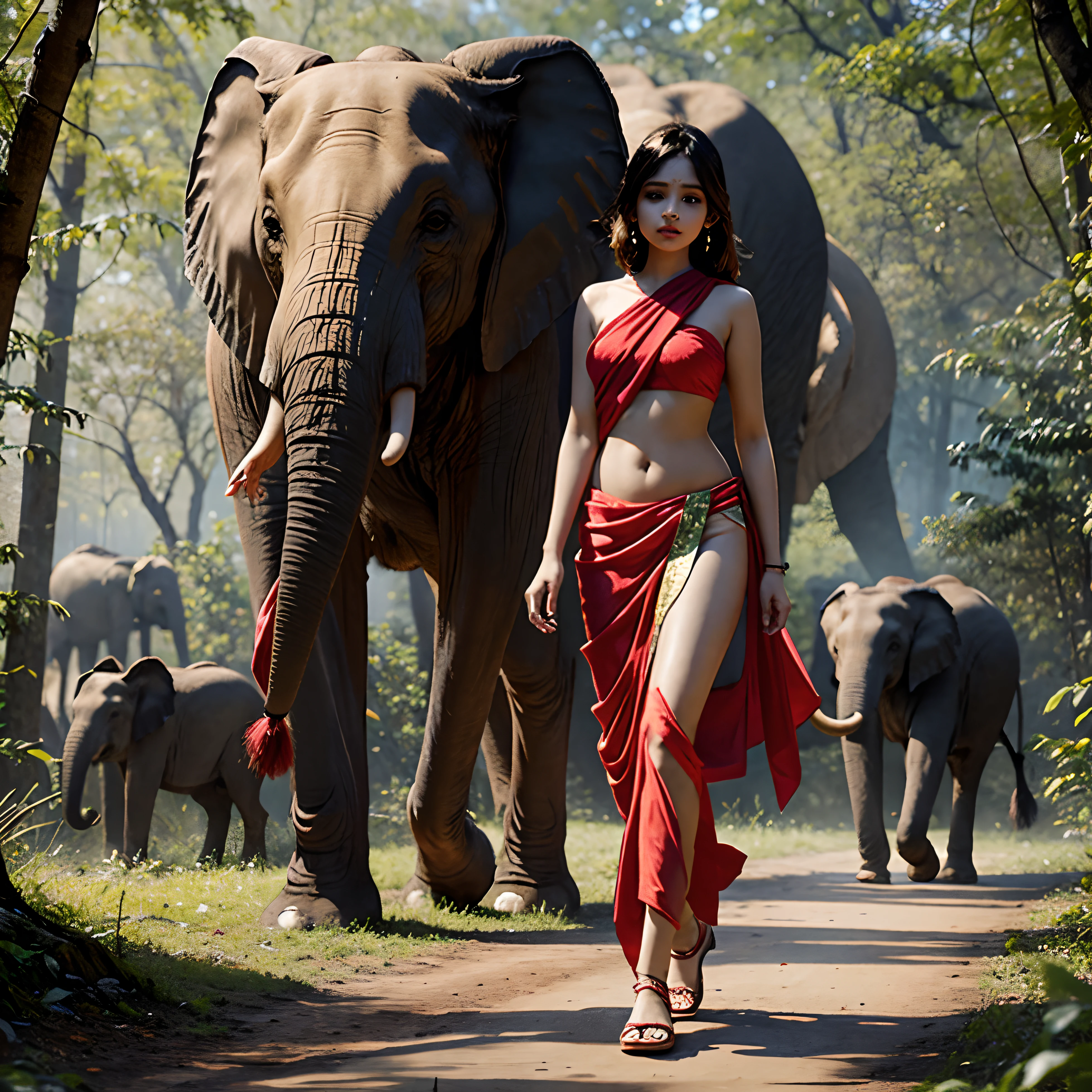 Indian girl walking naked in the forest. Red sari, walking with elephant. Detail body details, detail trees, detail nature.